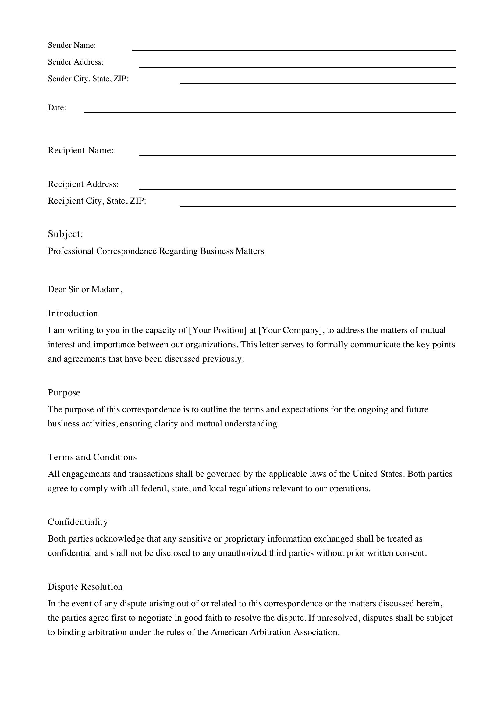 Professional Letter Format Template - US