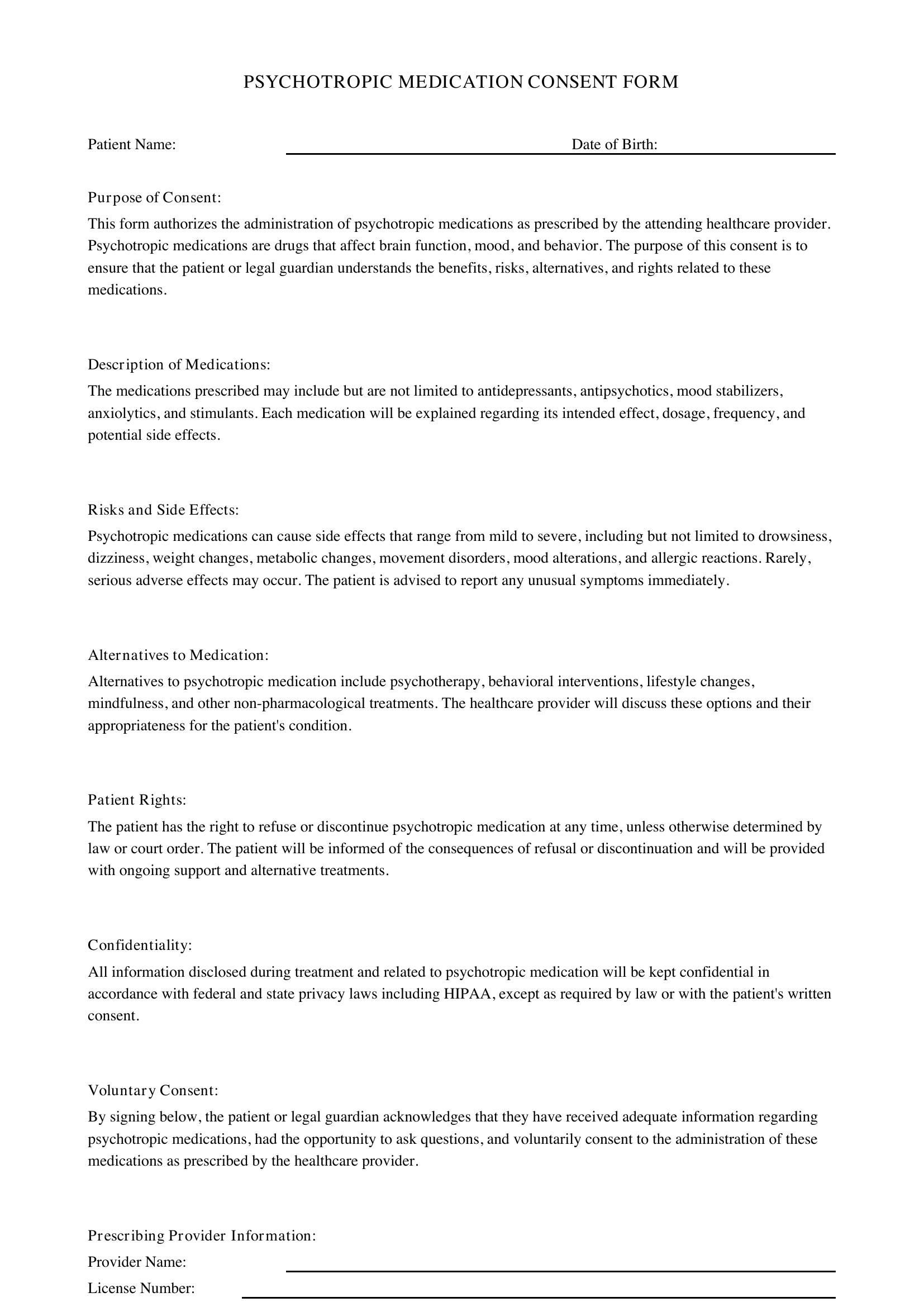 Psychotropic Medication Consent Form Template - US