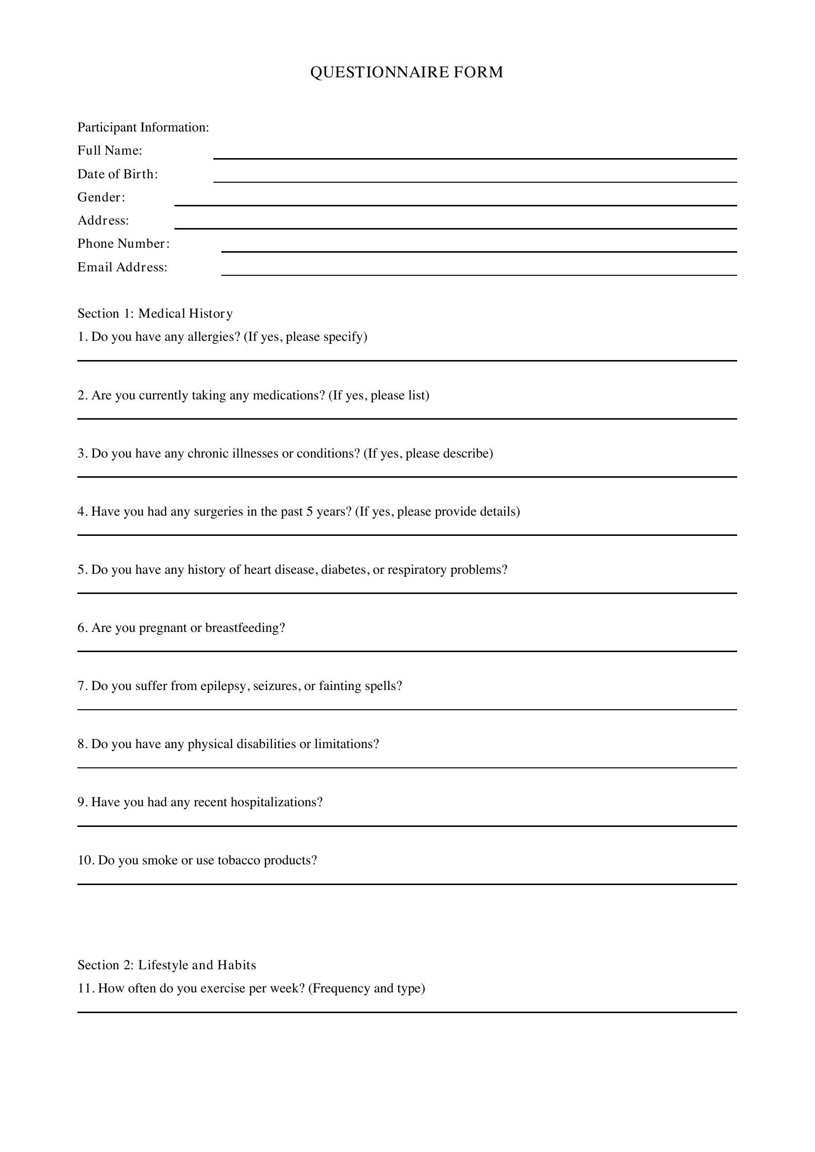 Questionnaire Form Template - US