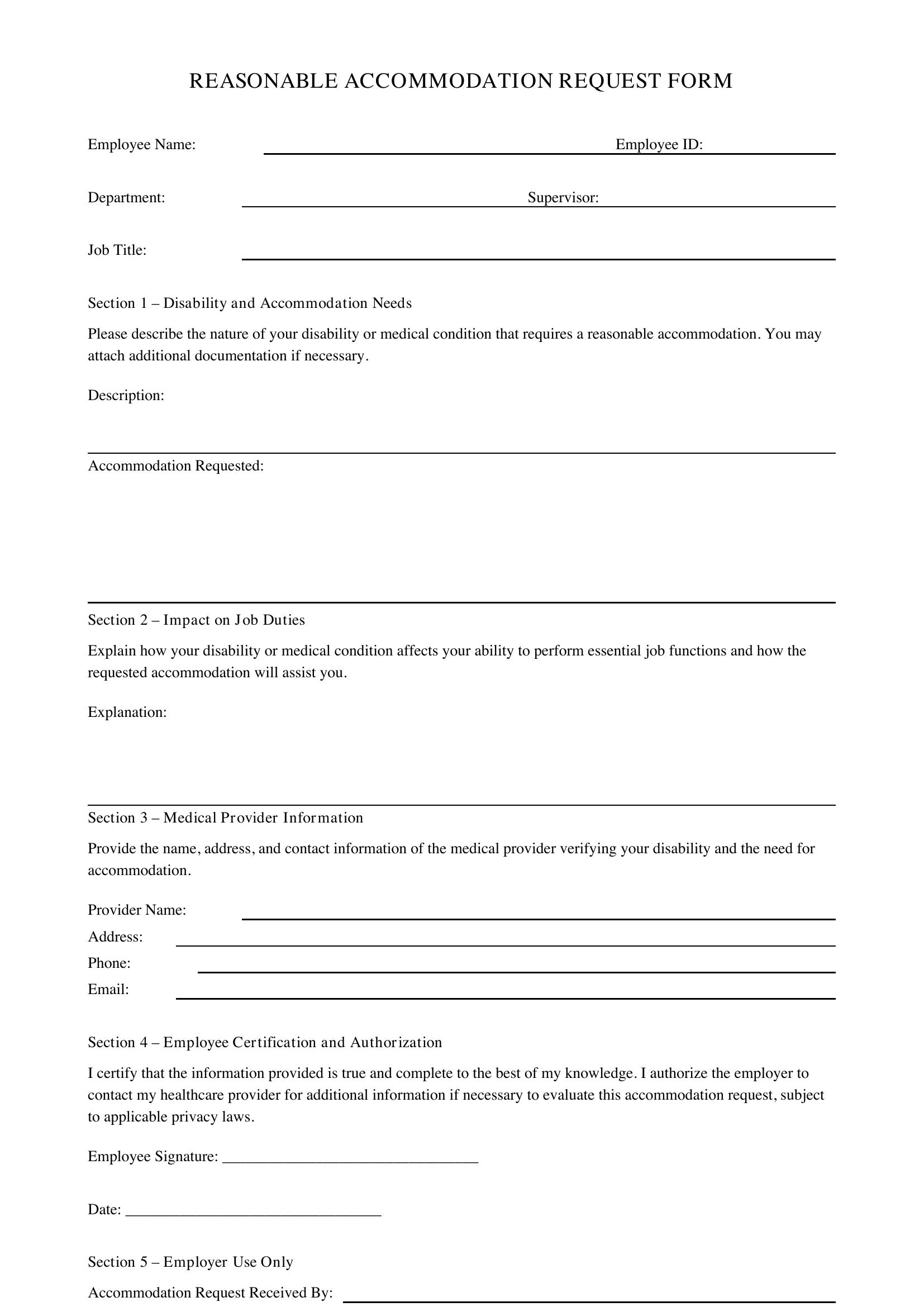 Reasonable Accommodation Form Template - US