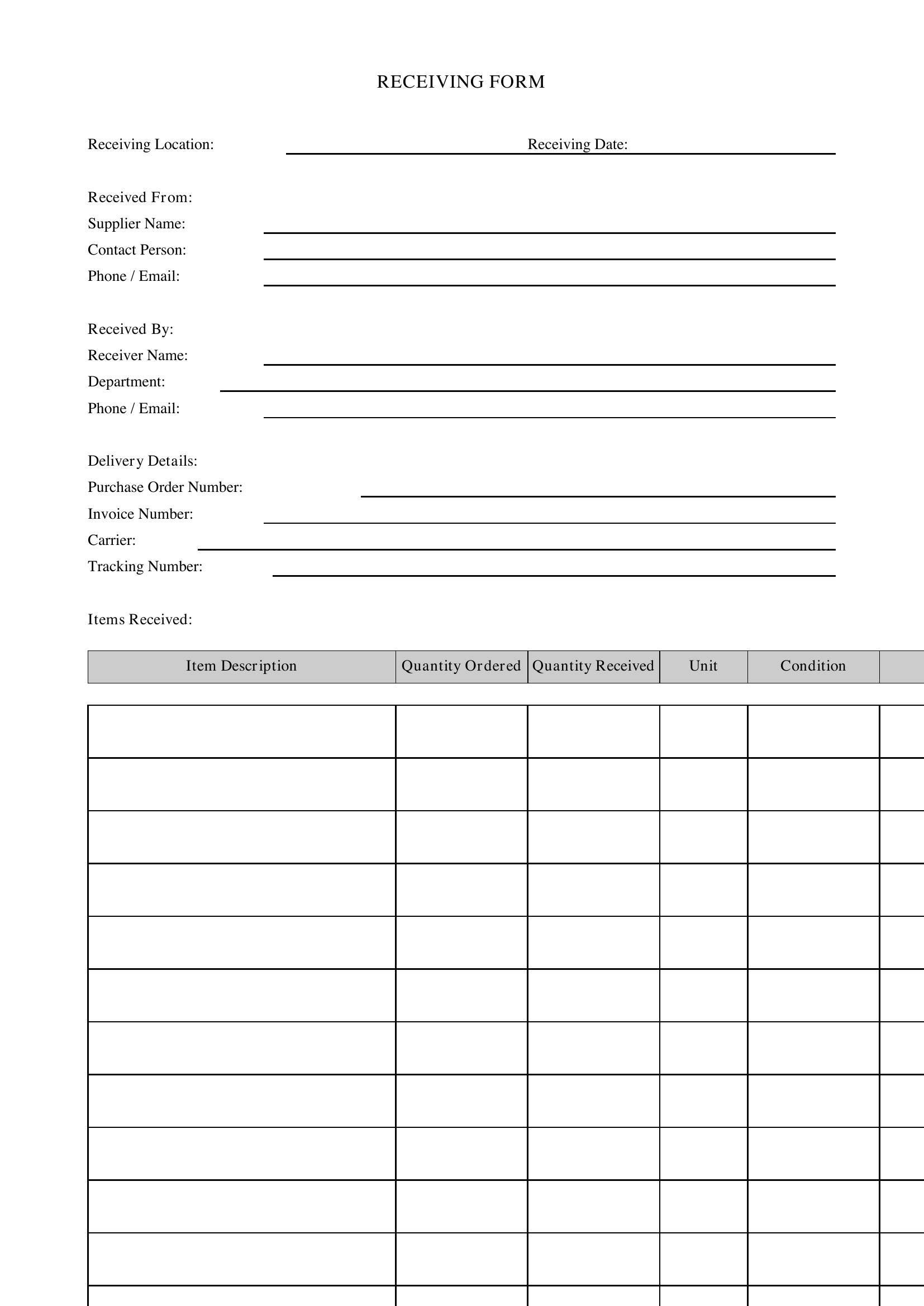 Receiving Form Template - US