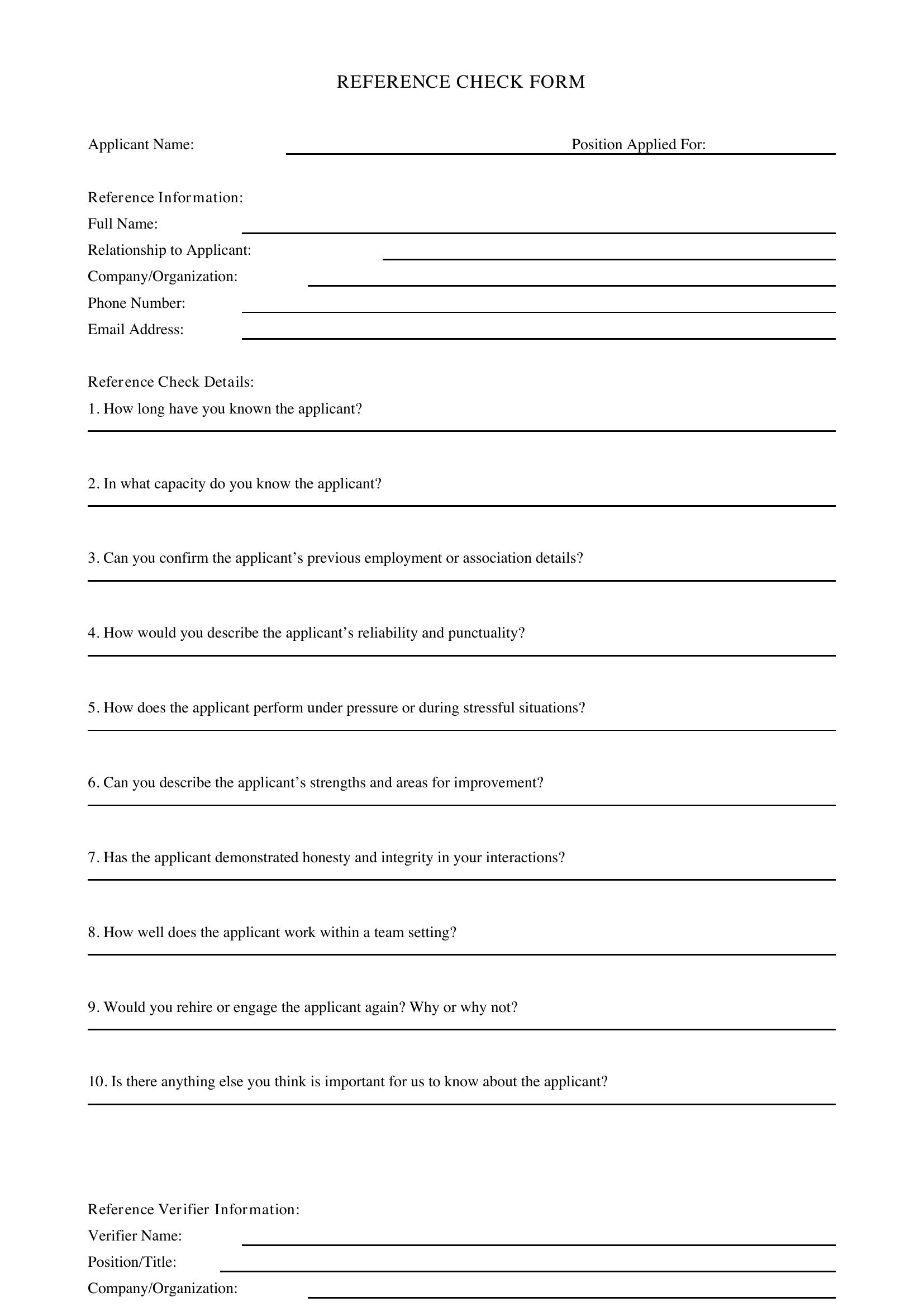 Reference Check Form Template - US