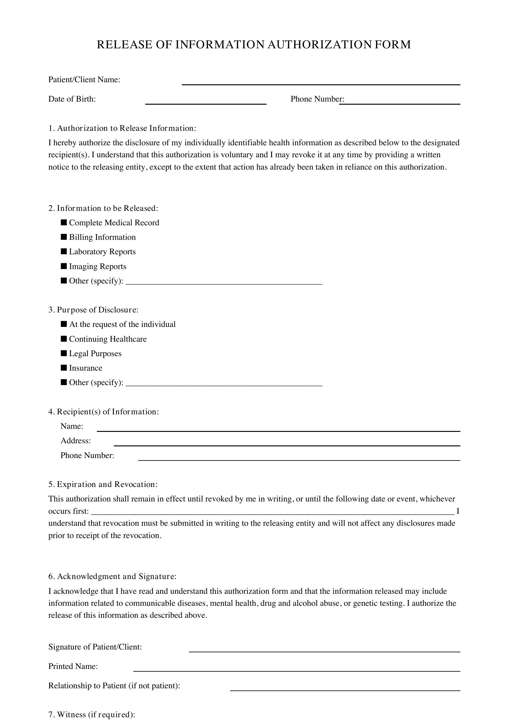Release Of Information Form Template - US