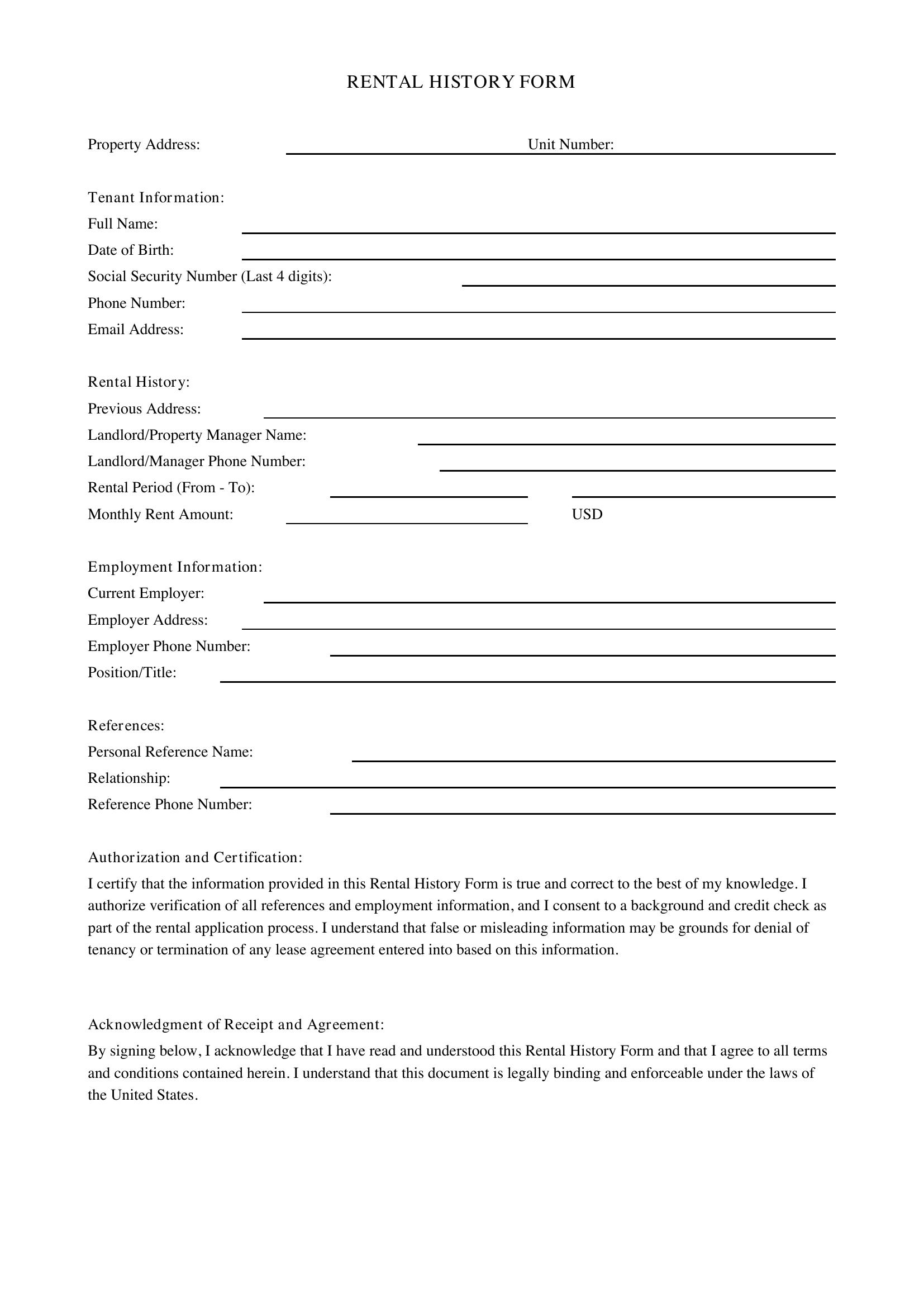 Rental History Form Template - US