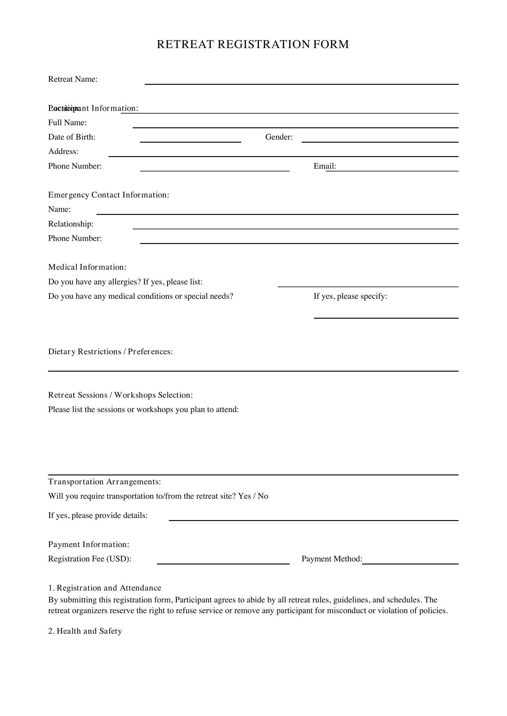 Retreat Registration Form Template - US