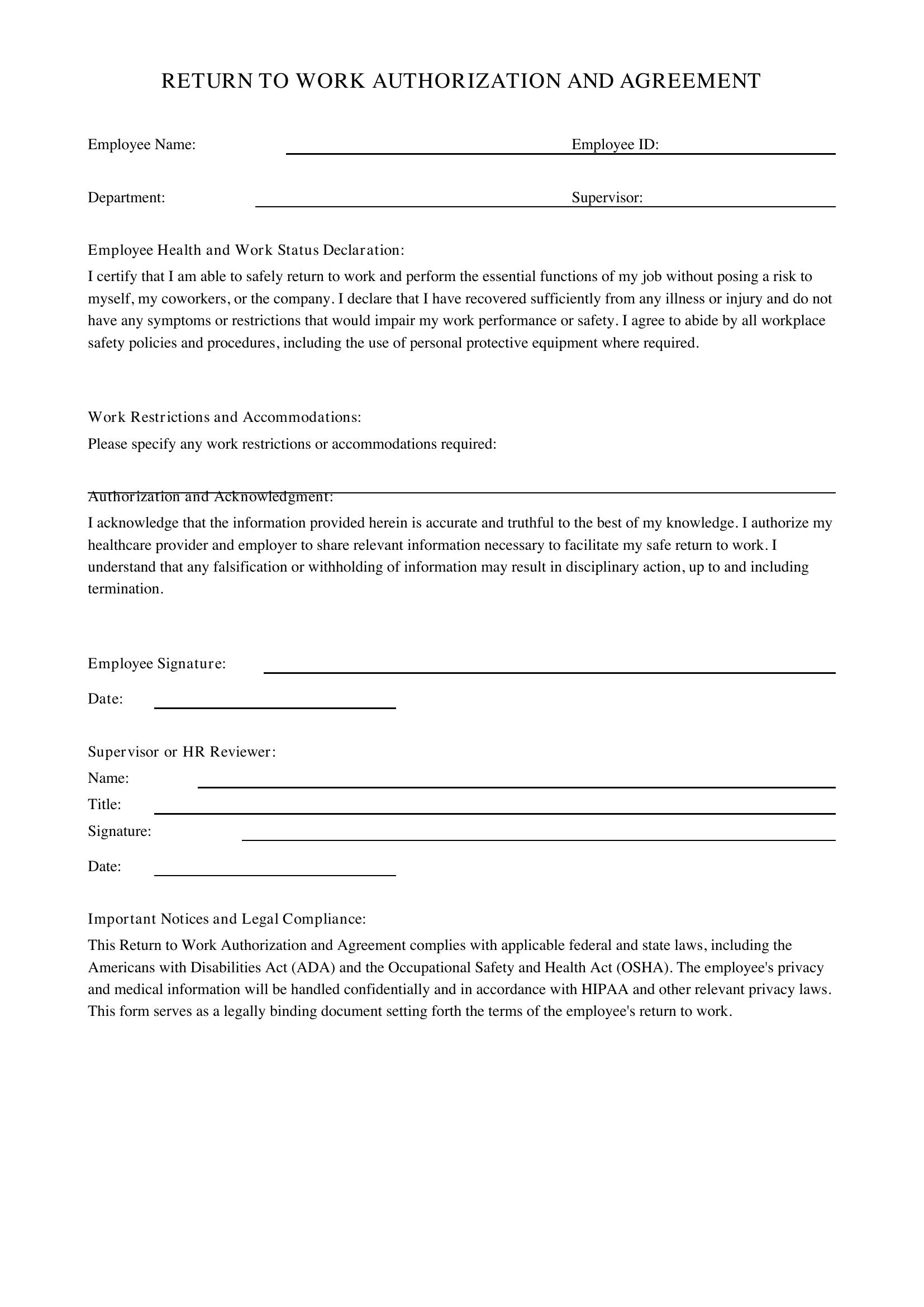 Return To Work Form Template - US