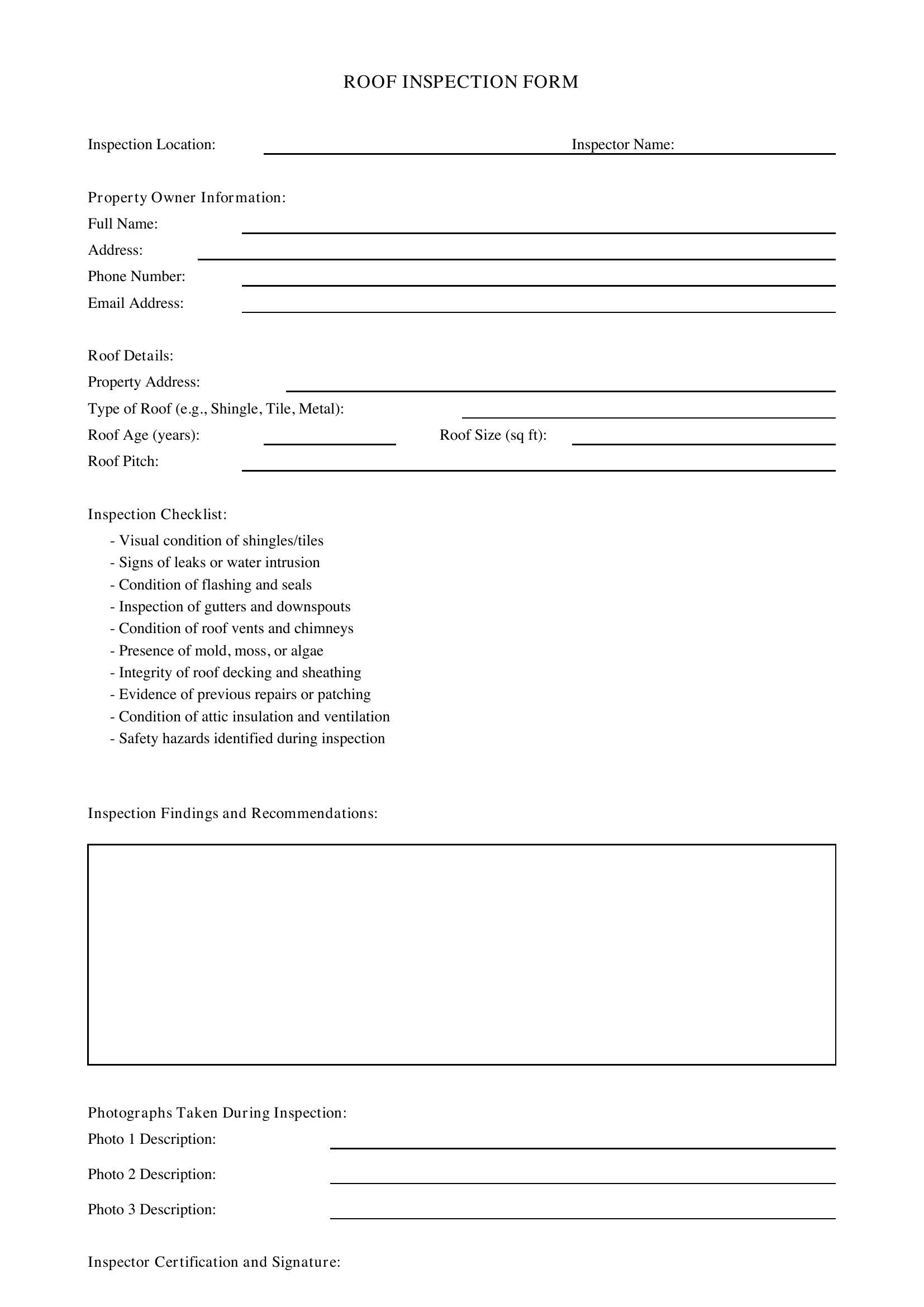 Roof Inspection Form Template - US