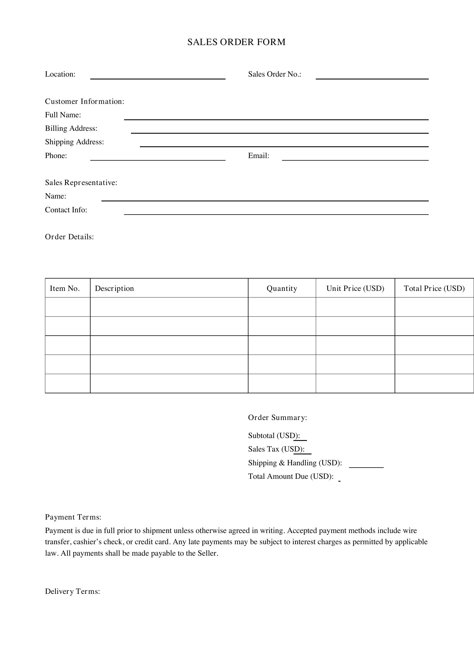 Sales Order Form Template - US