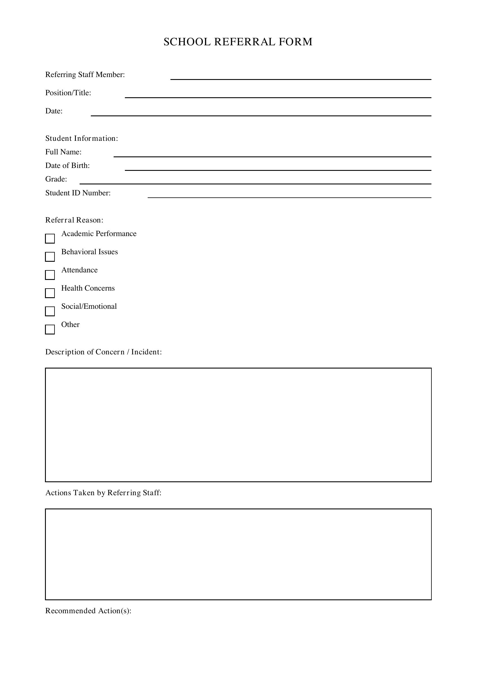 School Referral Form Template - US