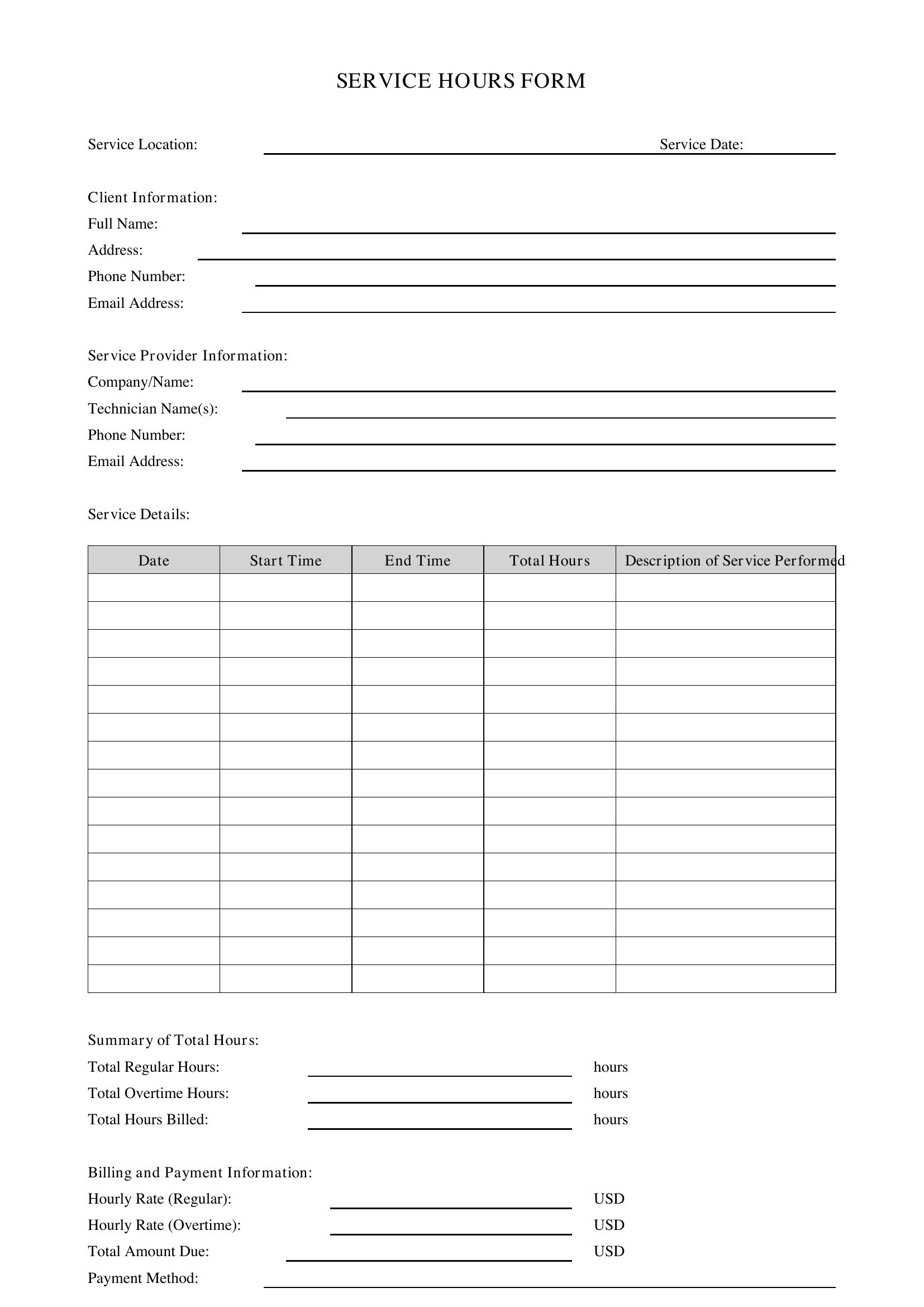 Service Hours Form Template - US