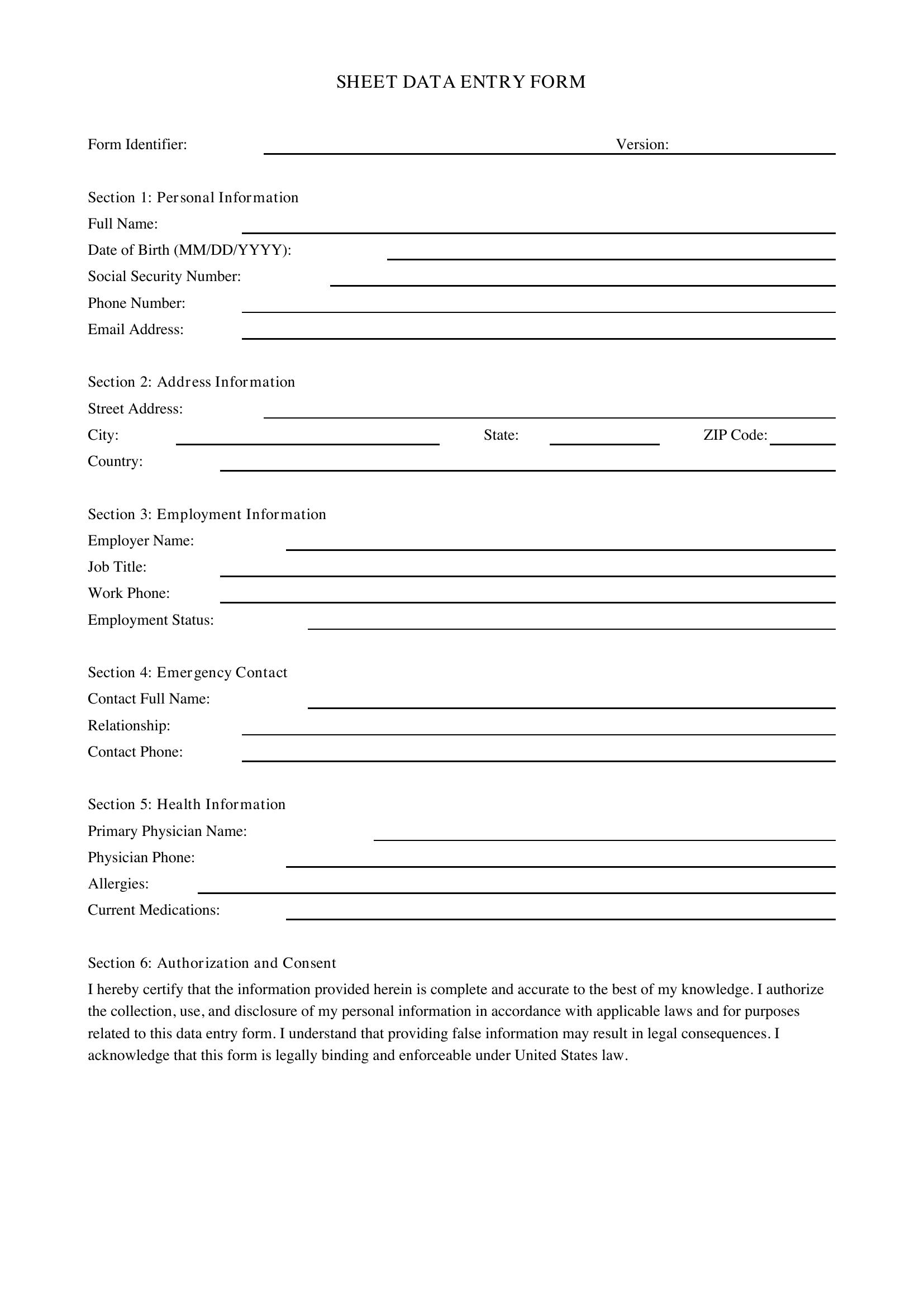 Sheet Data Entry Form Template - US