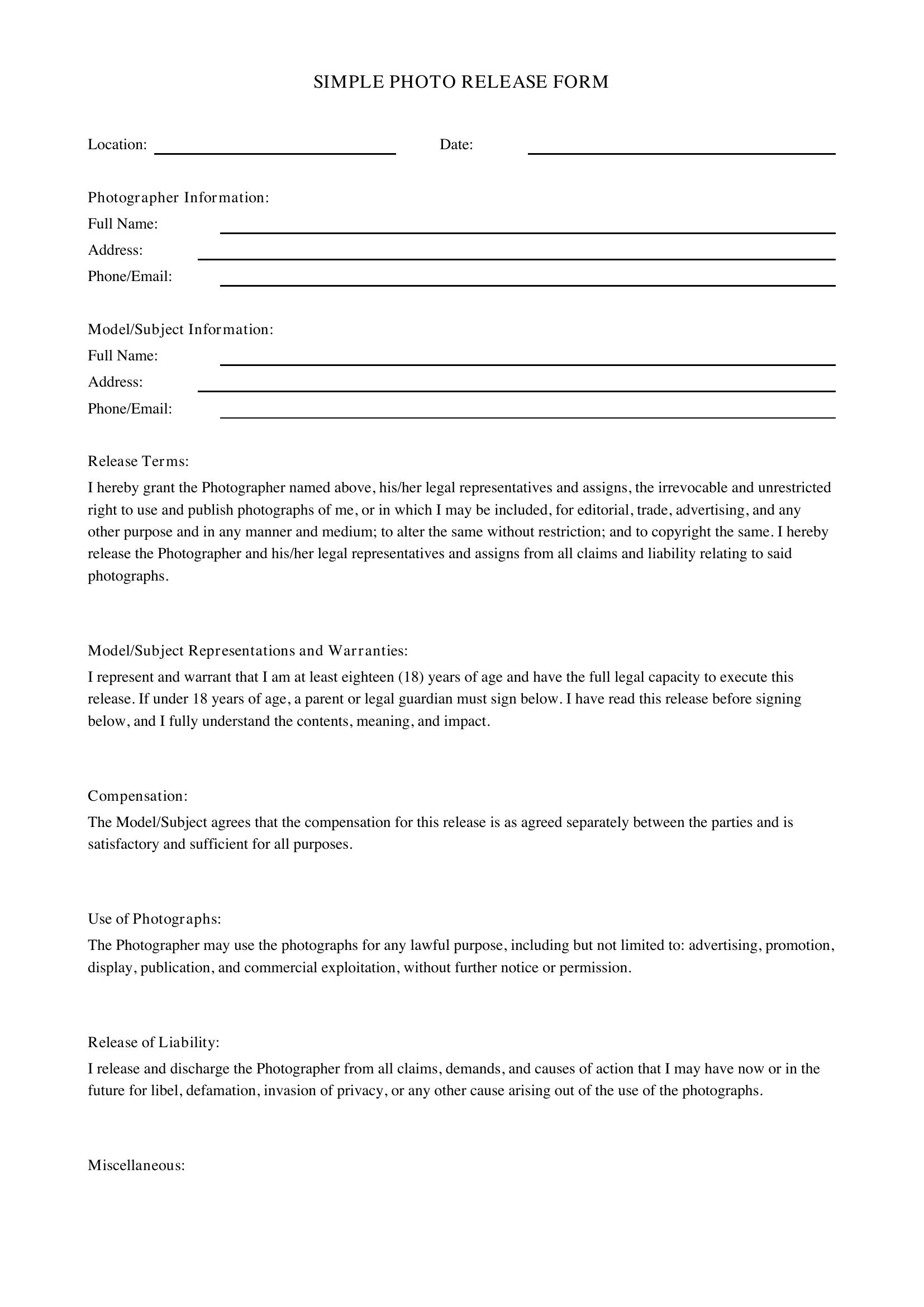 Simple Photo Release Form Template - US