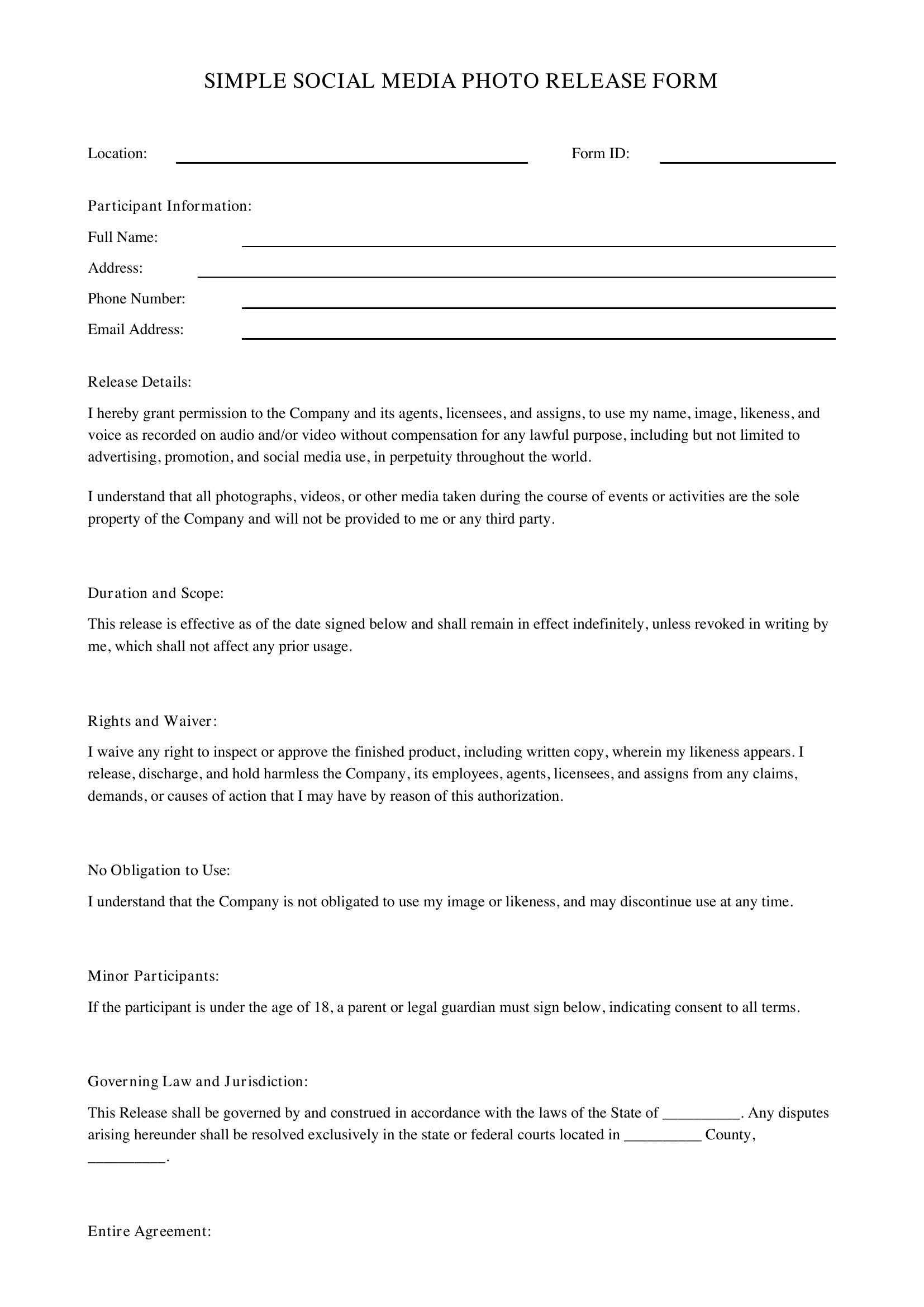 Simple Social Media Photo Release Form Template - US