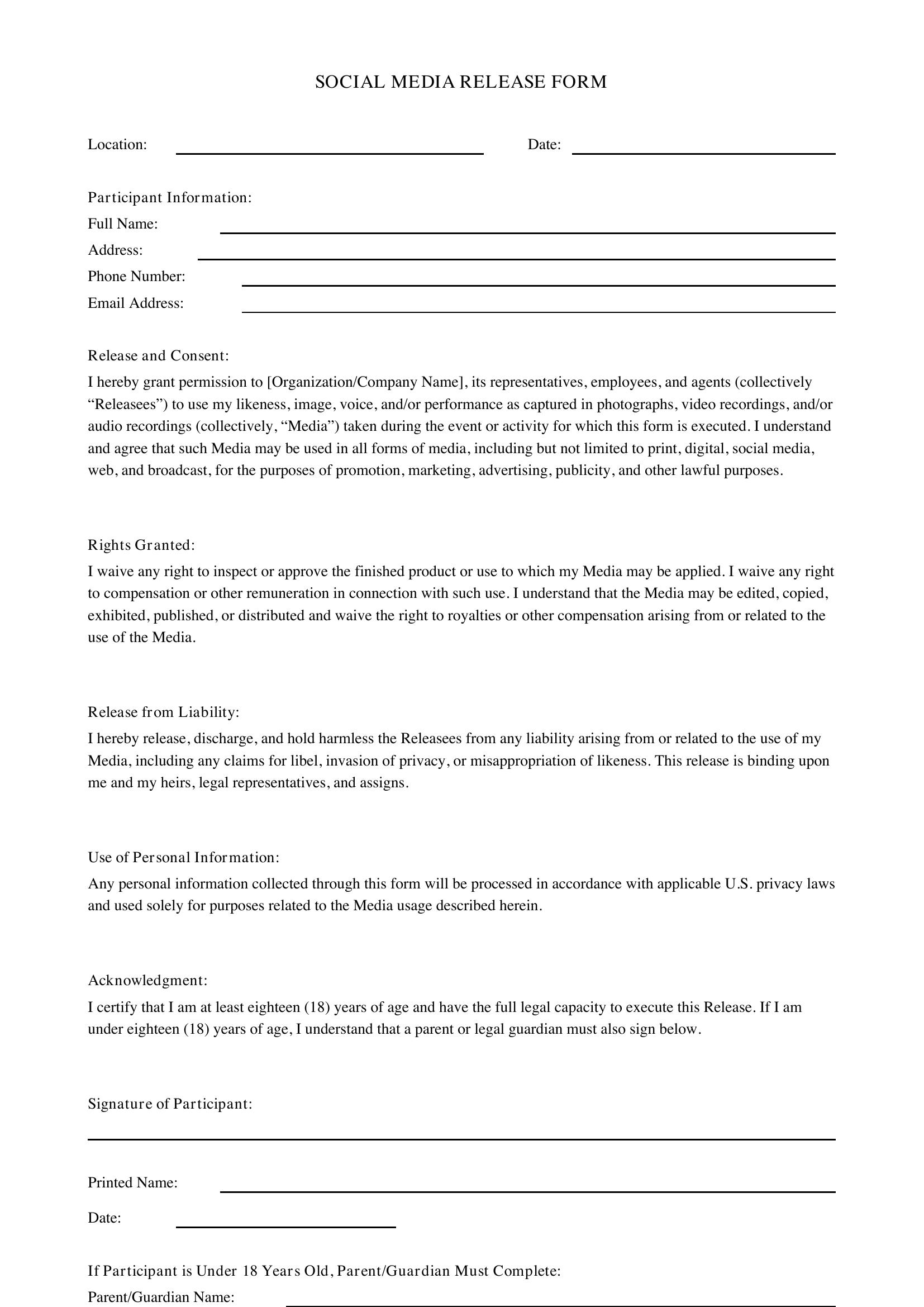Social Media Release Form Template - US