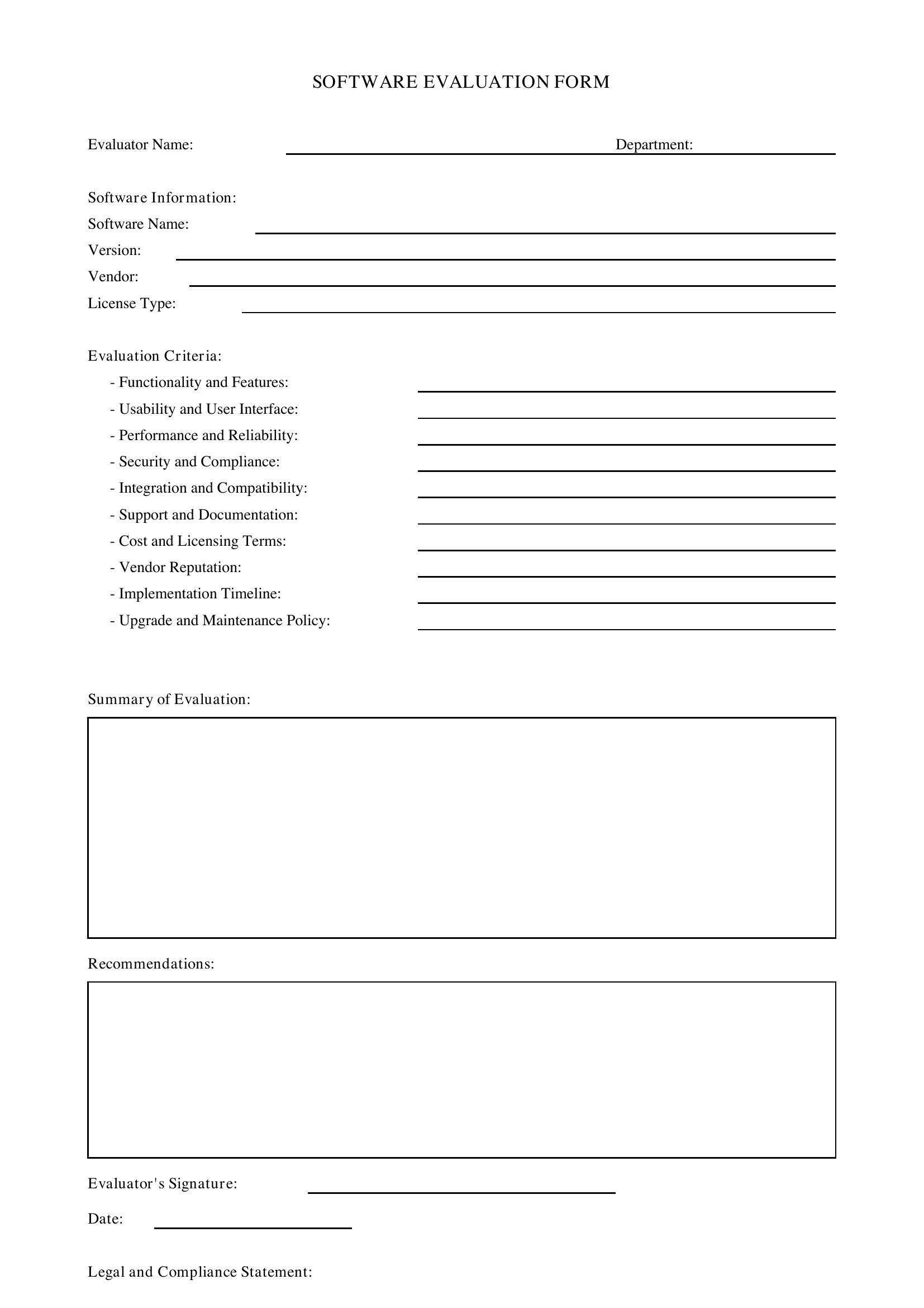 Software Evaluation Form Template - US