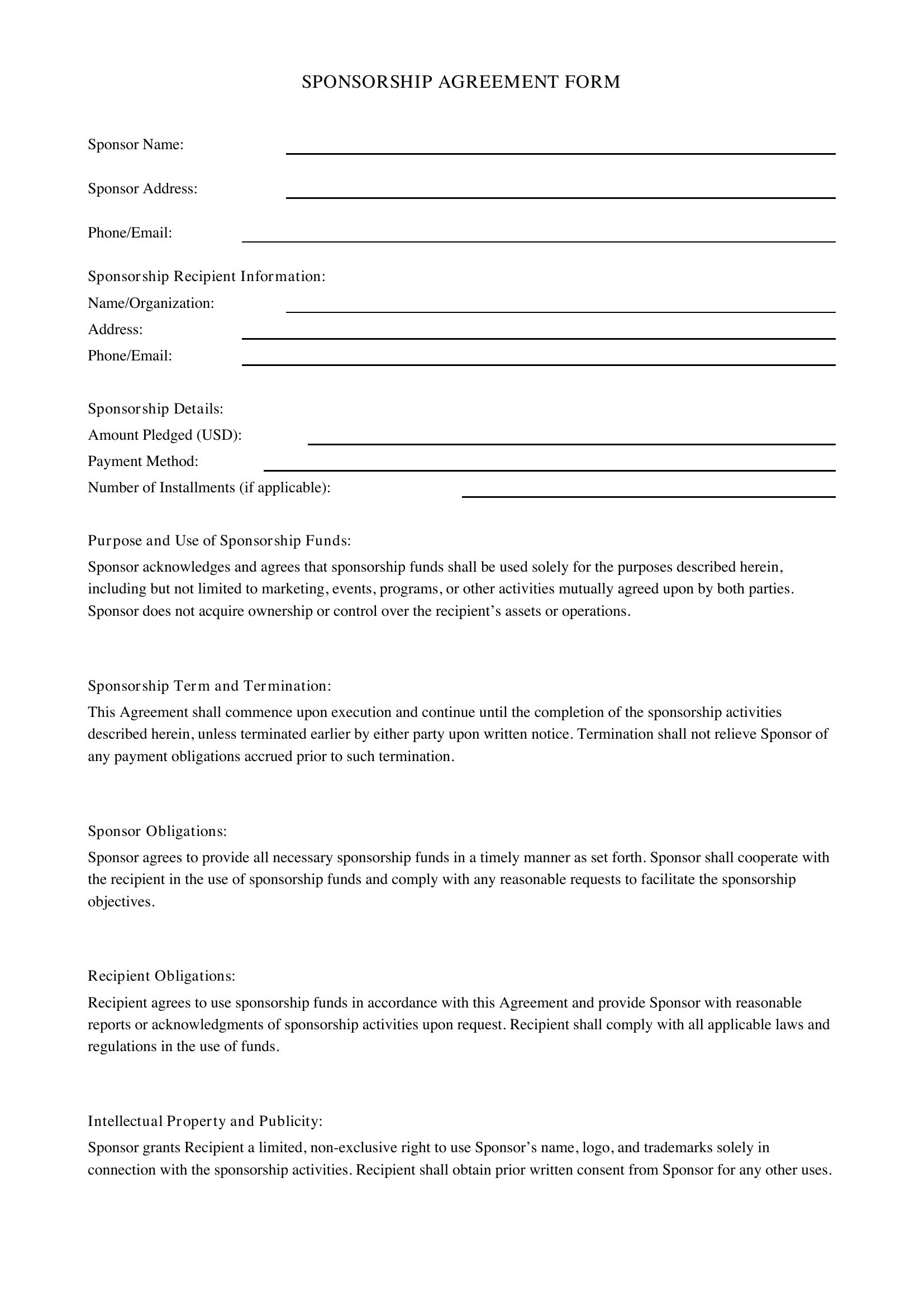 Sponsorship Form Template - US