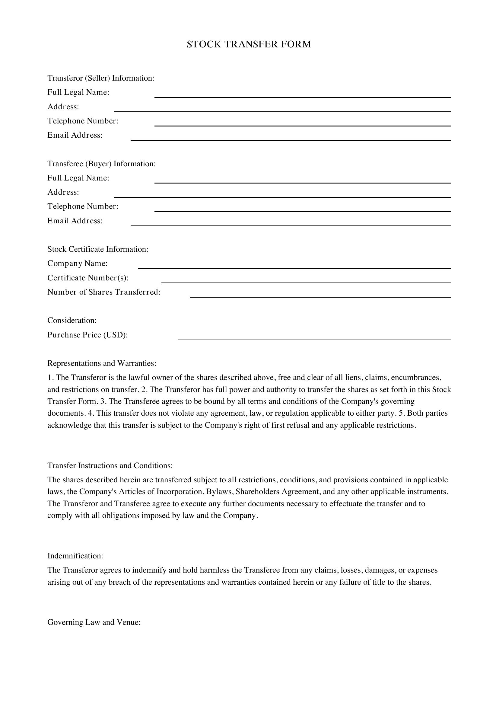 Stock Transfer Form Template - US