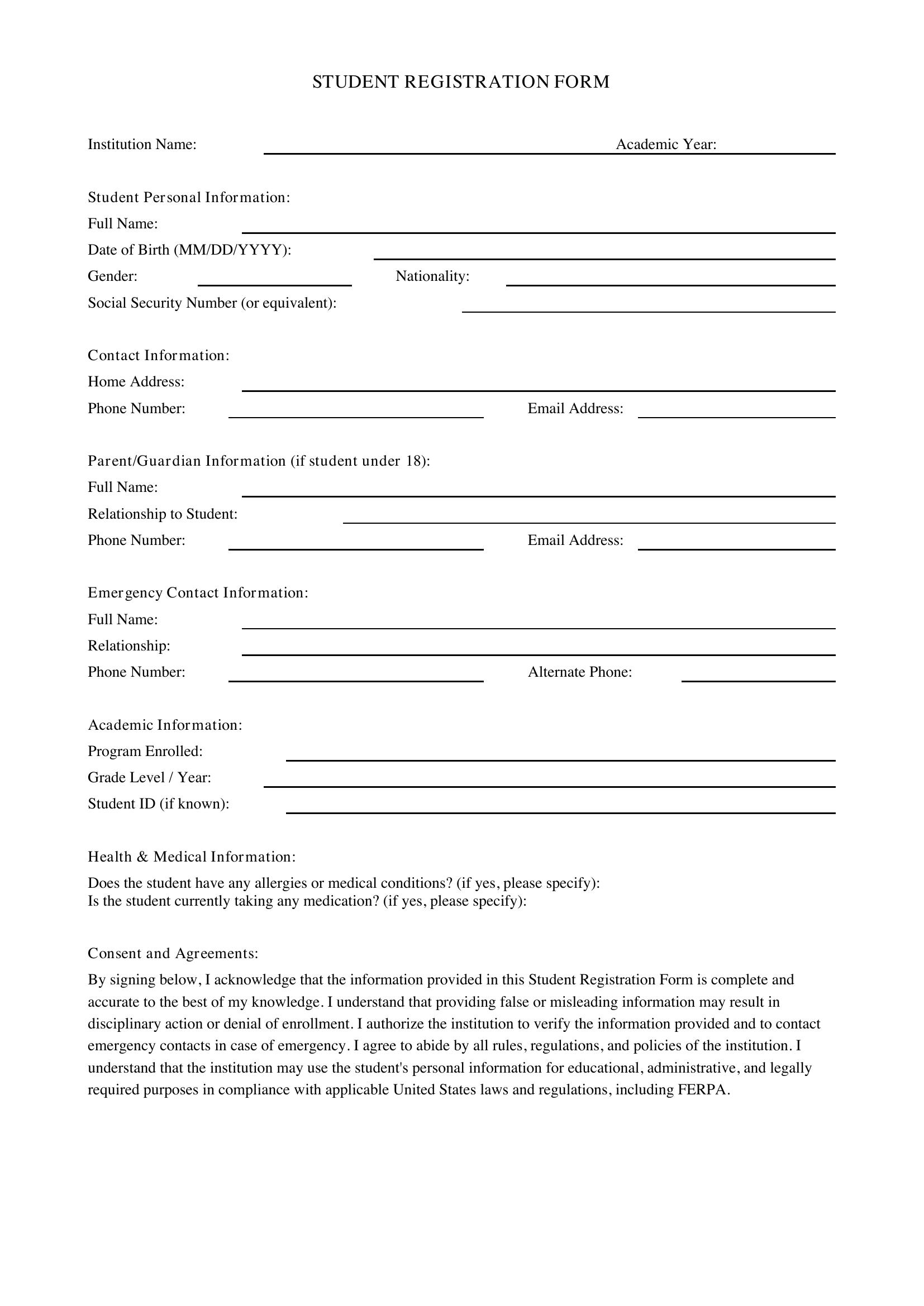 Student Registration Form Template - US