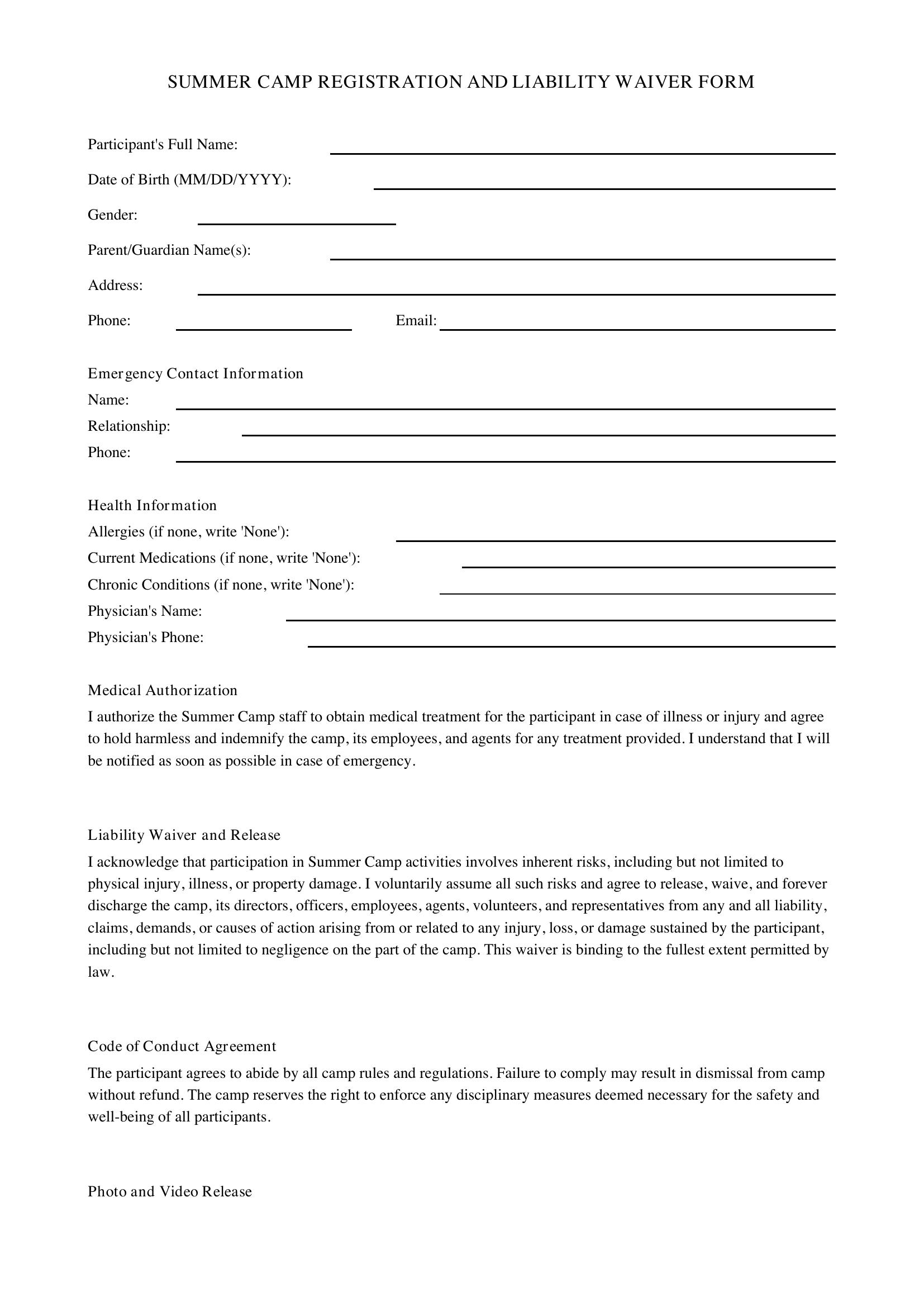 Summer Camp Form Template - US
