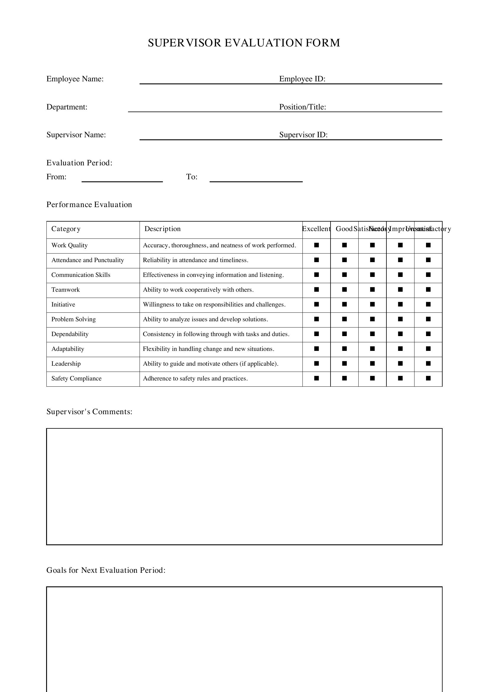 Supervisor Evaluation Form Template - US