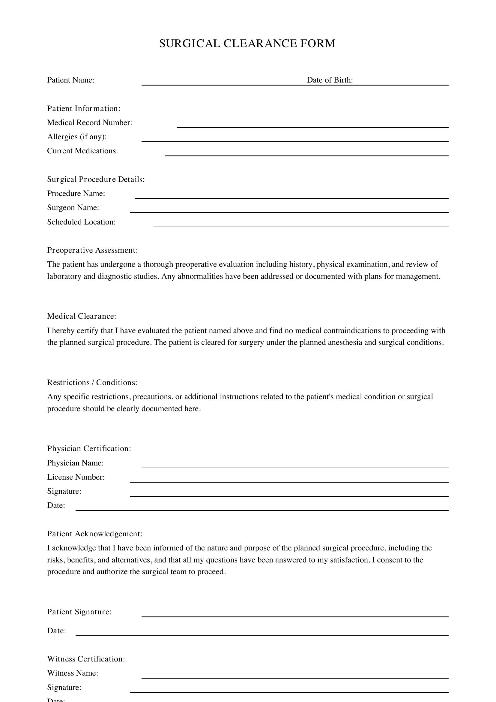 Surgical Clearance Form Template - US