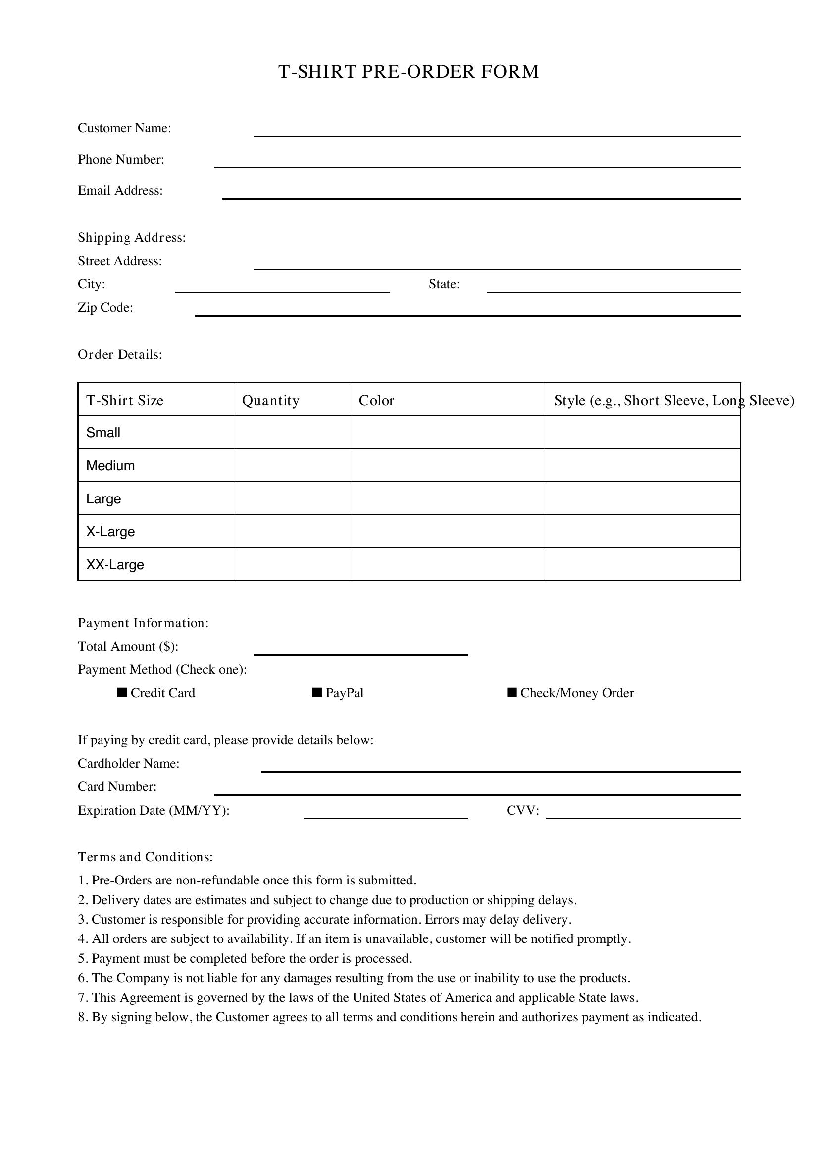 T Shirt Pre Order Form Template - US