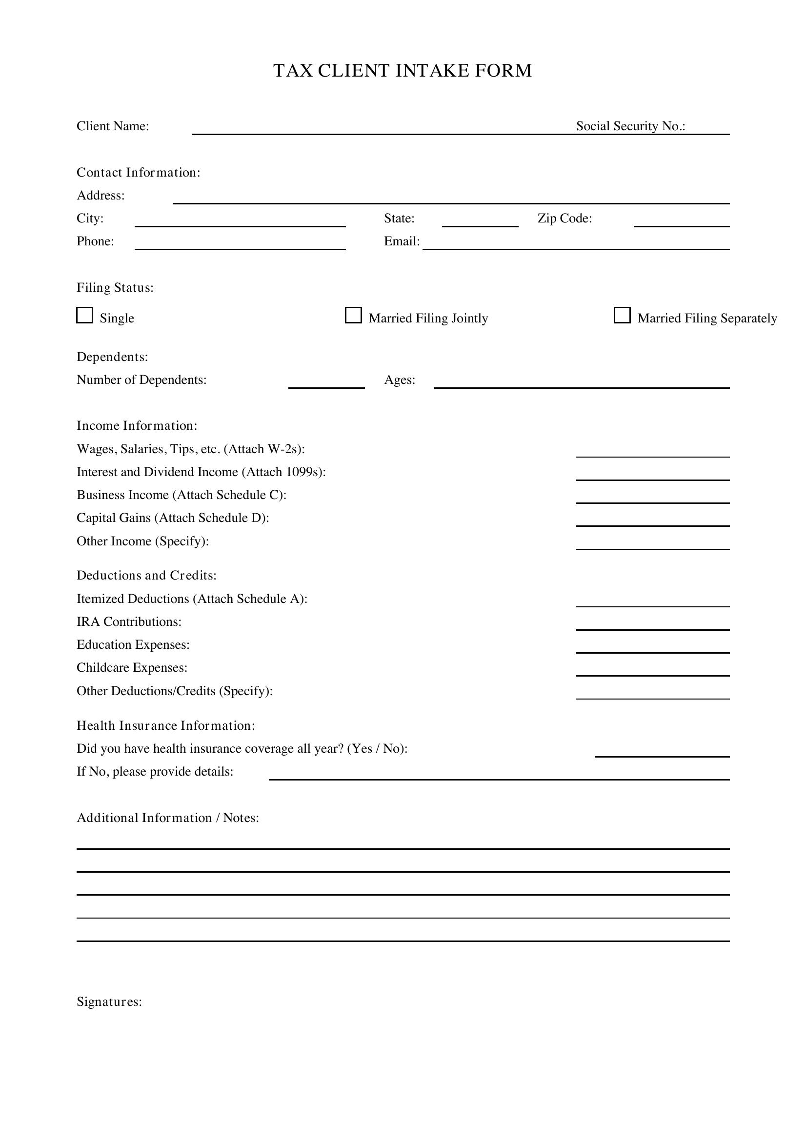 Tax Client Intake Form Template - US