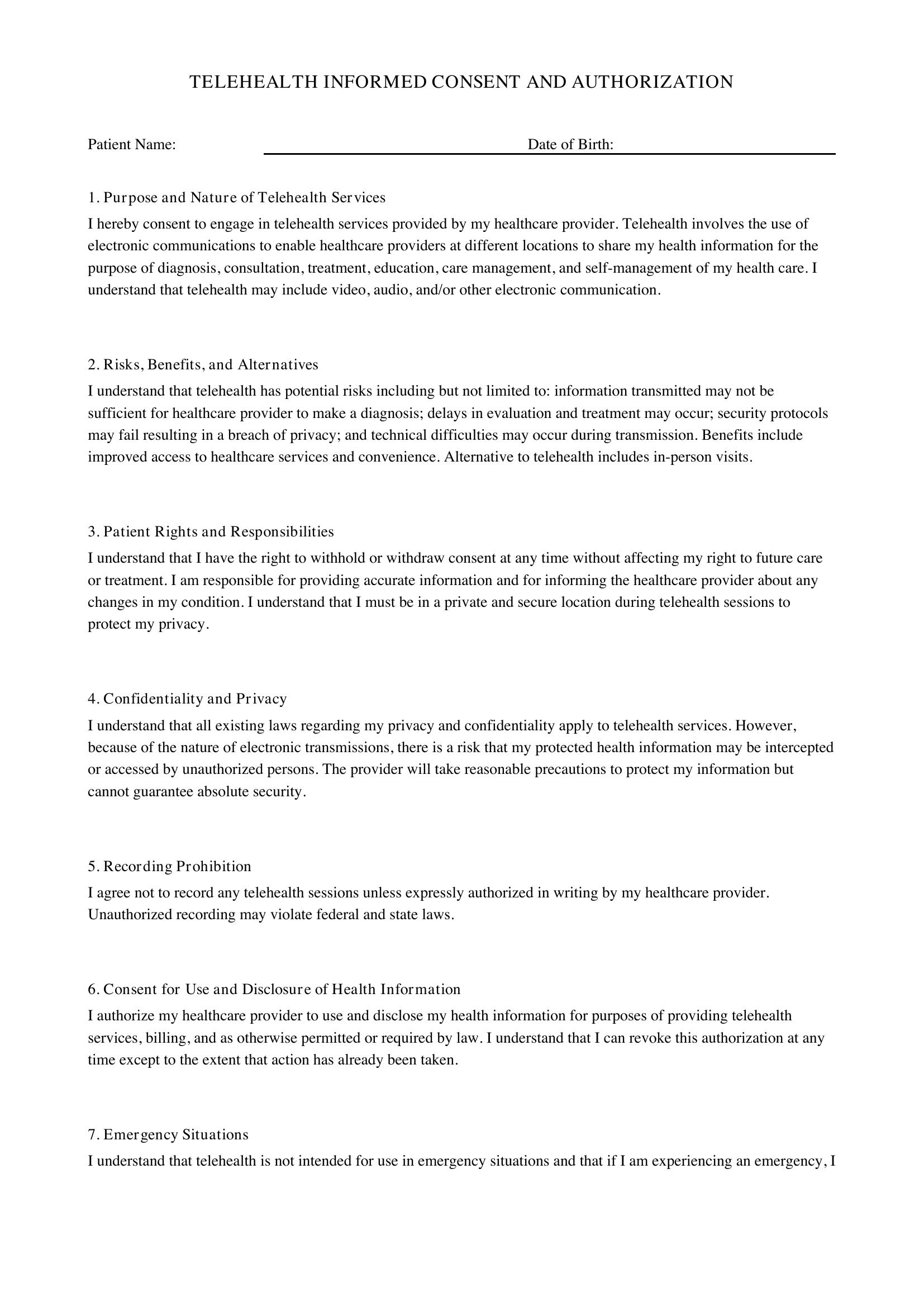 Telehealth Consent Form Template - US