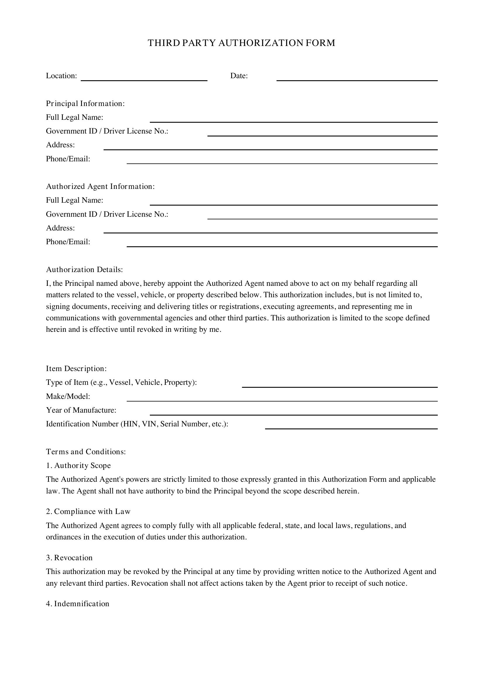 Third Party Authorization Form Template - US