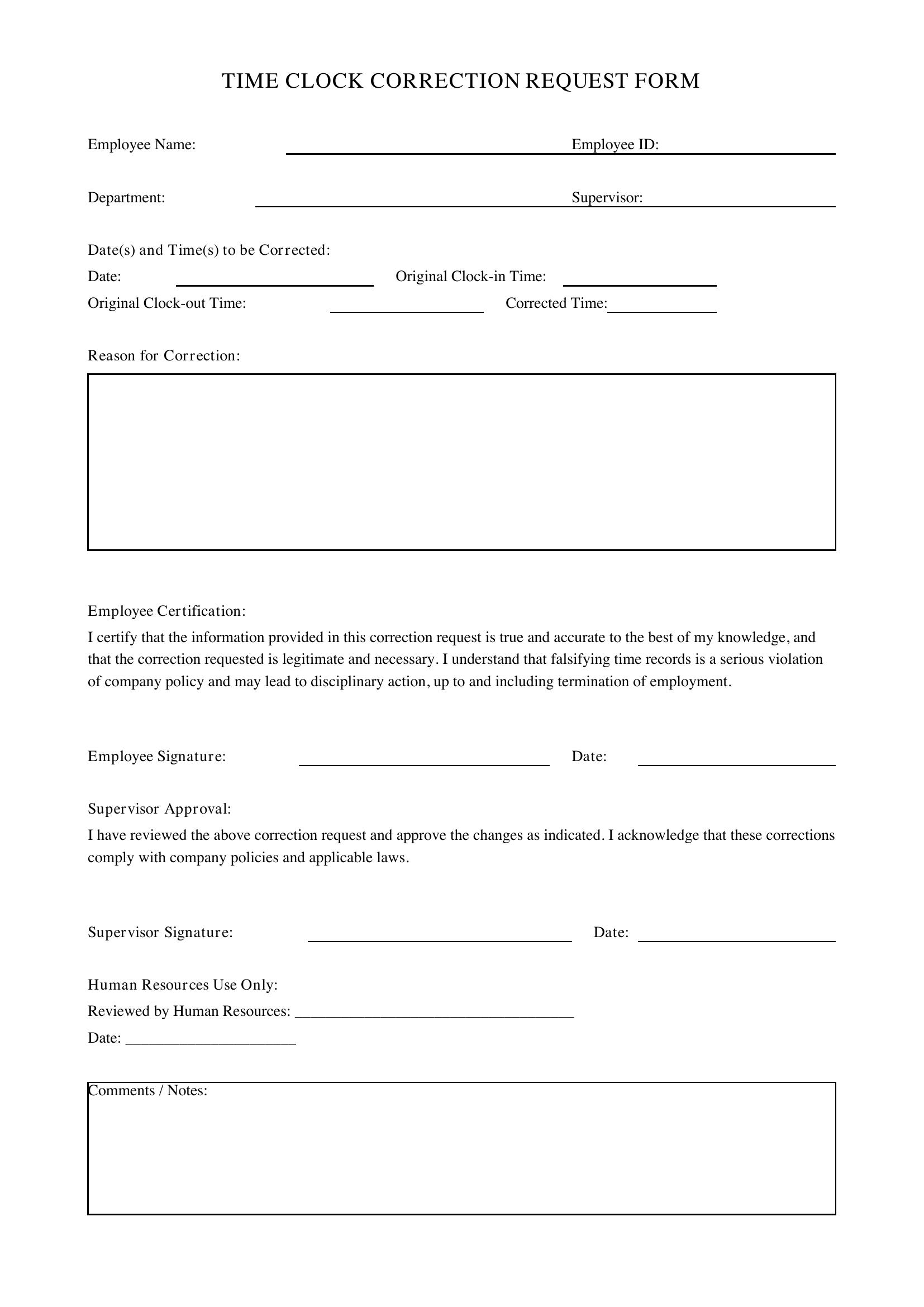 Time Clock Correction Form Template - US
