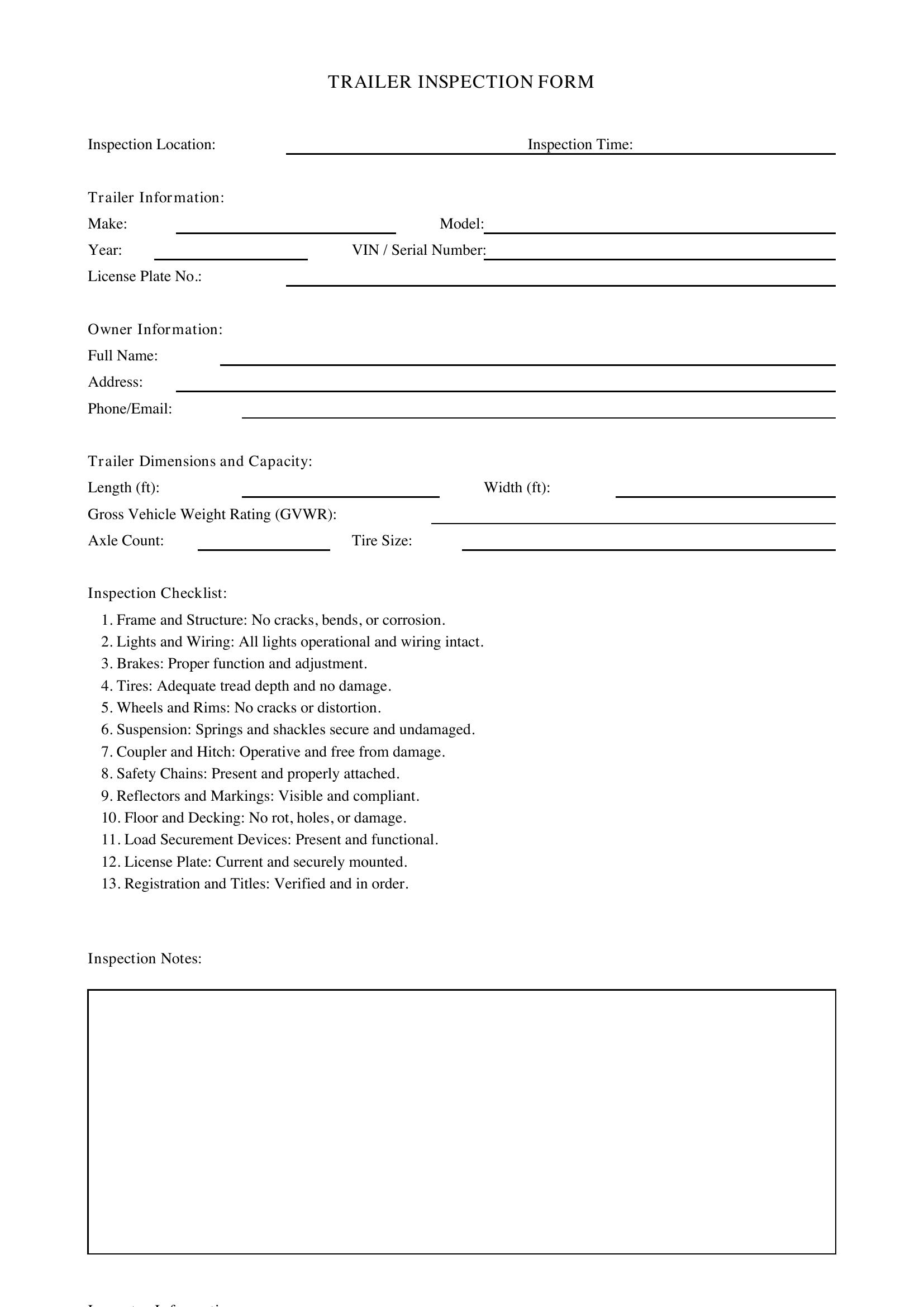 Trailer Inspection Form Template - US