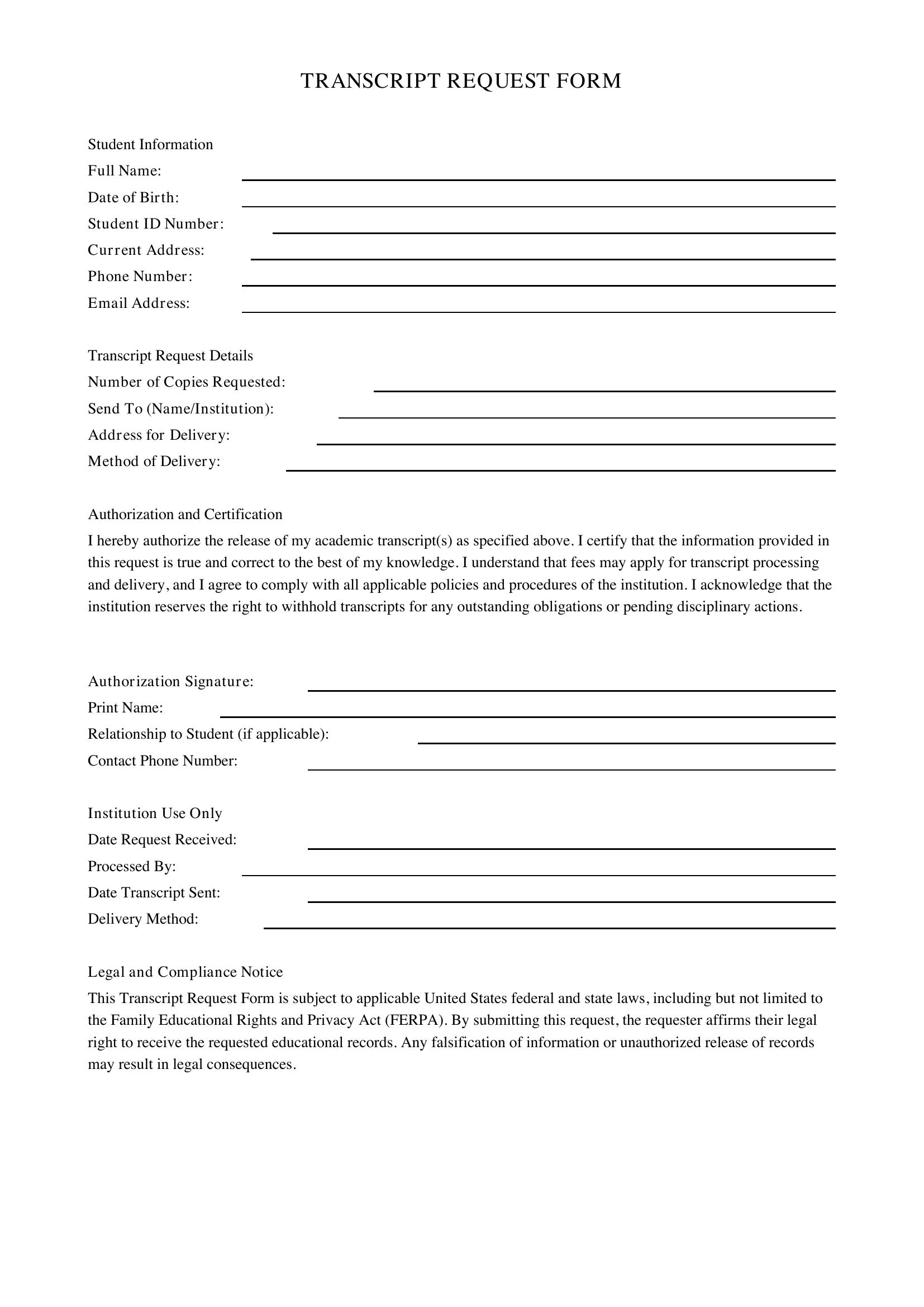 Transcript Request Form Template - US