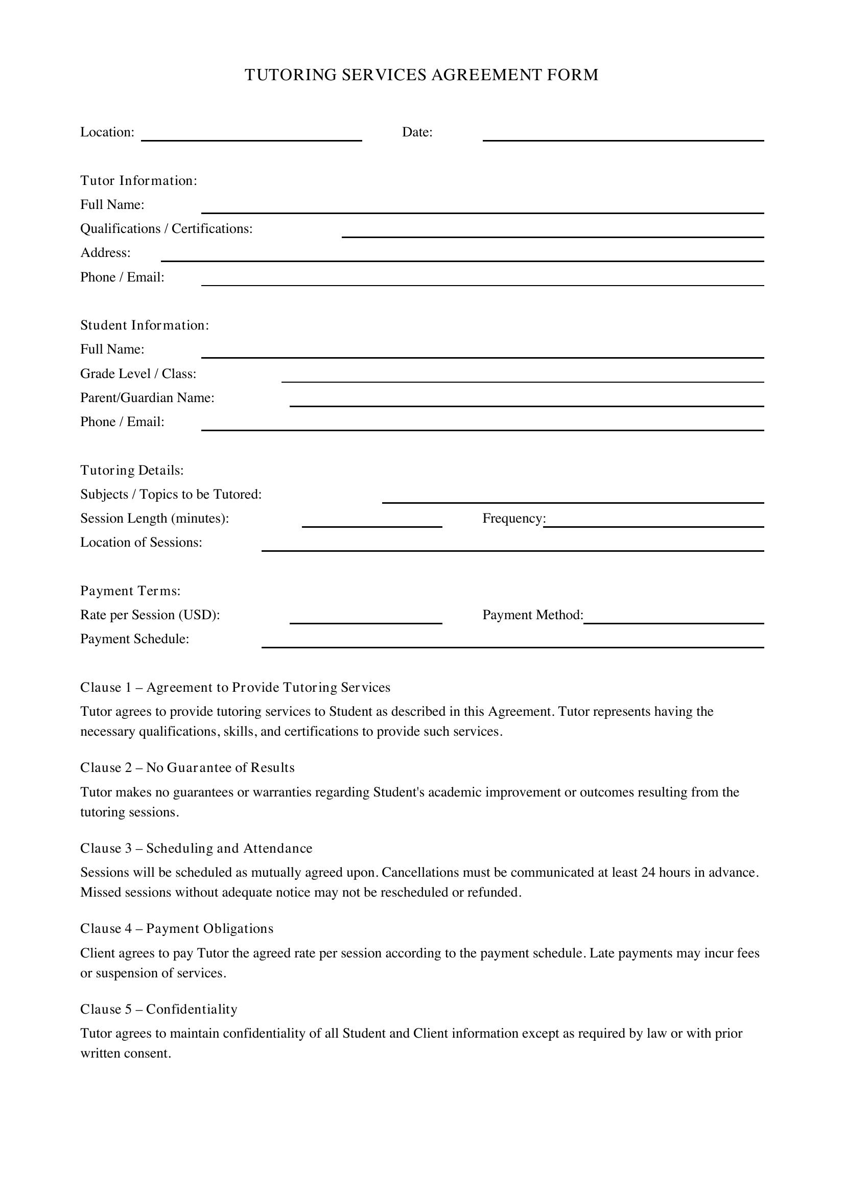 Tutoring Form Template - US