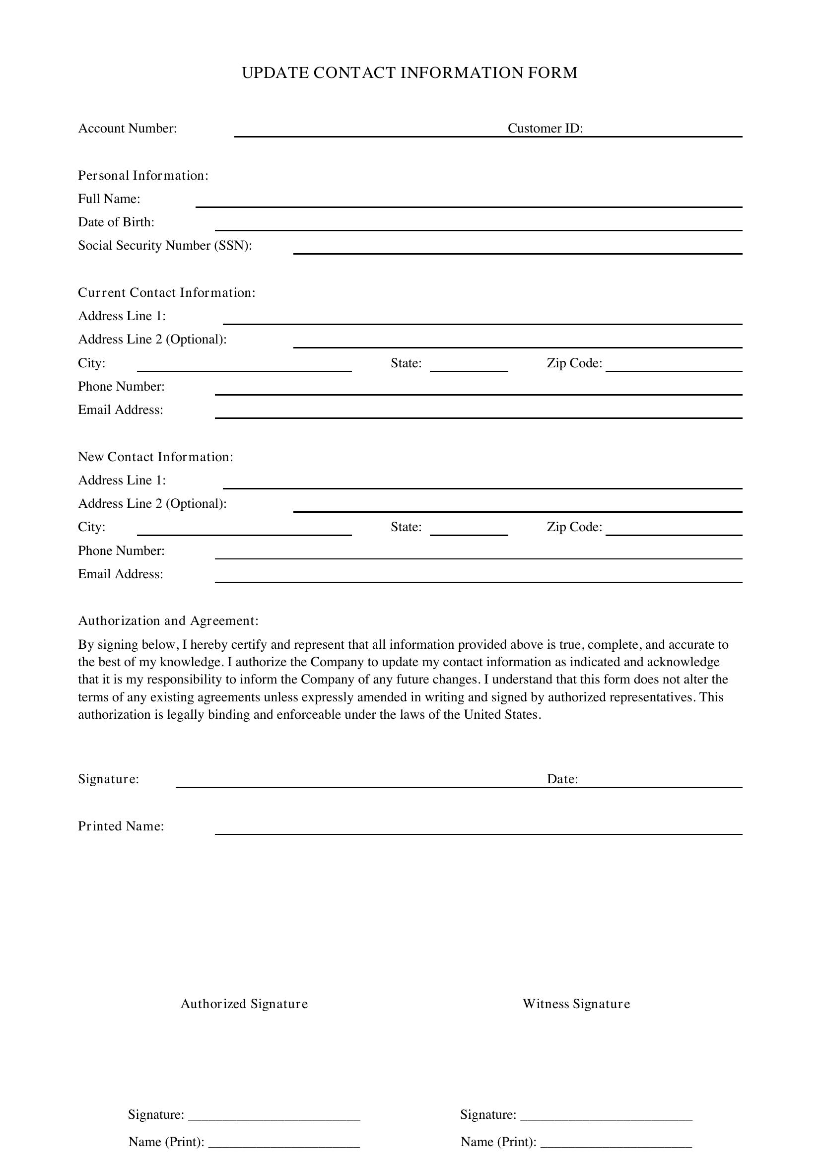Update Contact Information Form Template - US