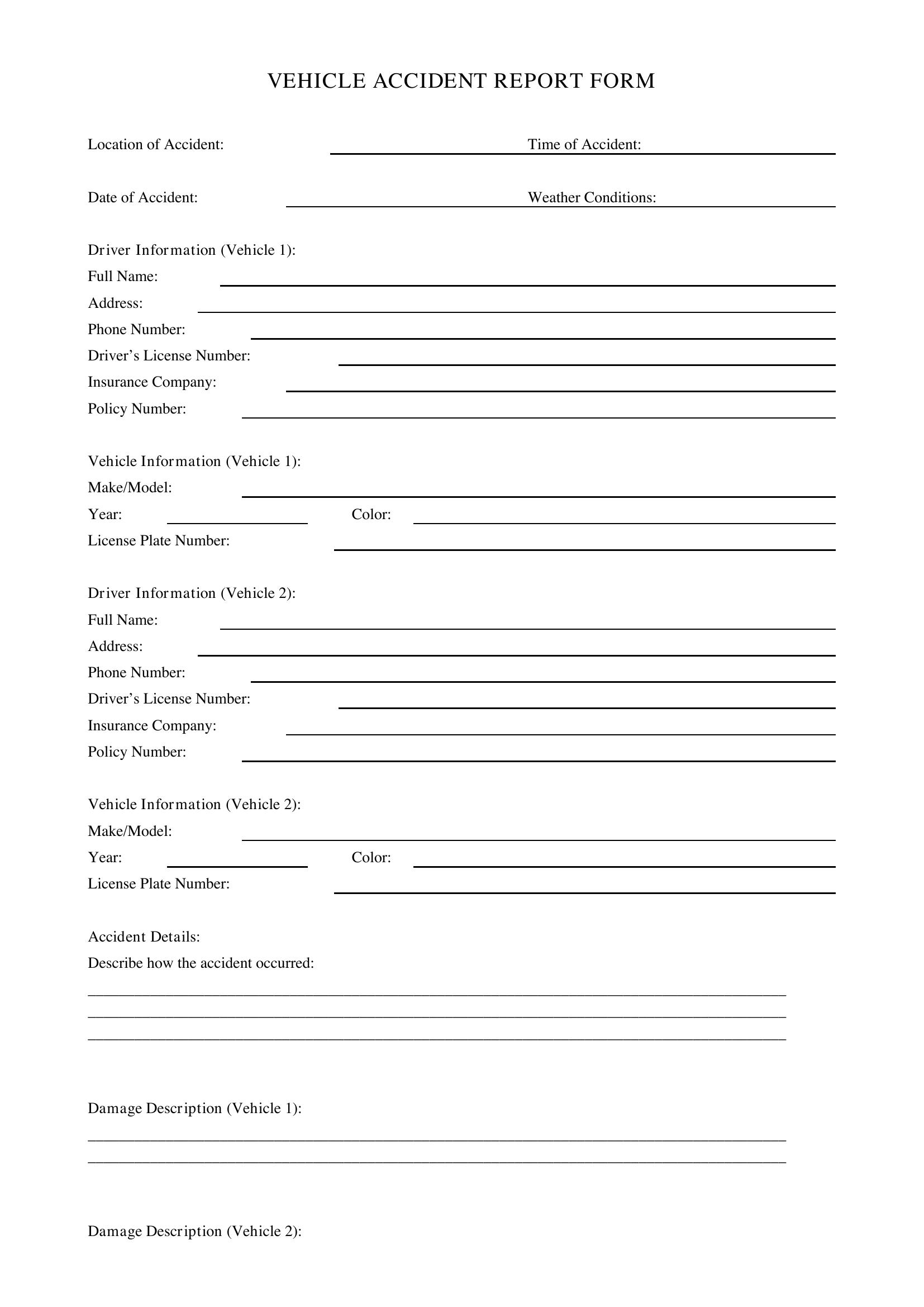 Vehicle Accident Report Form Template - US