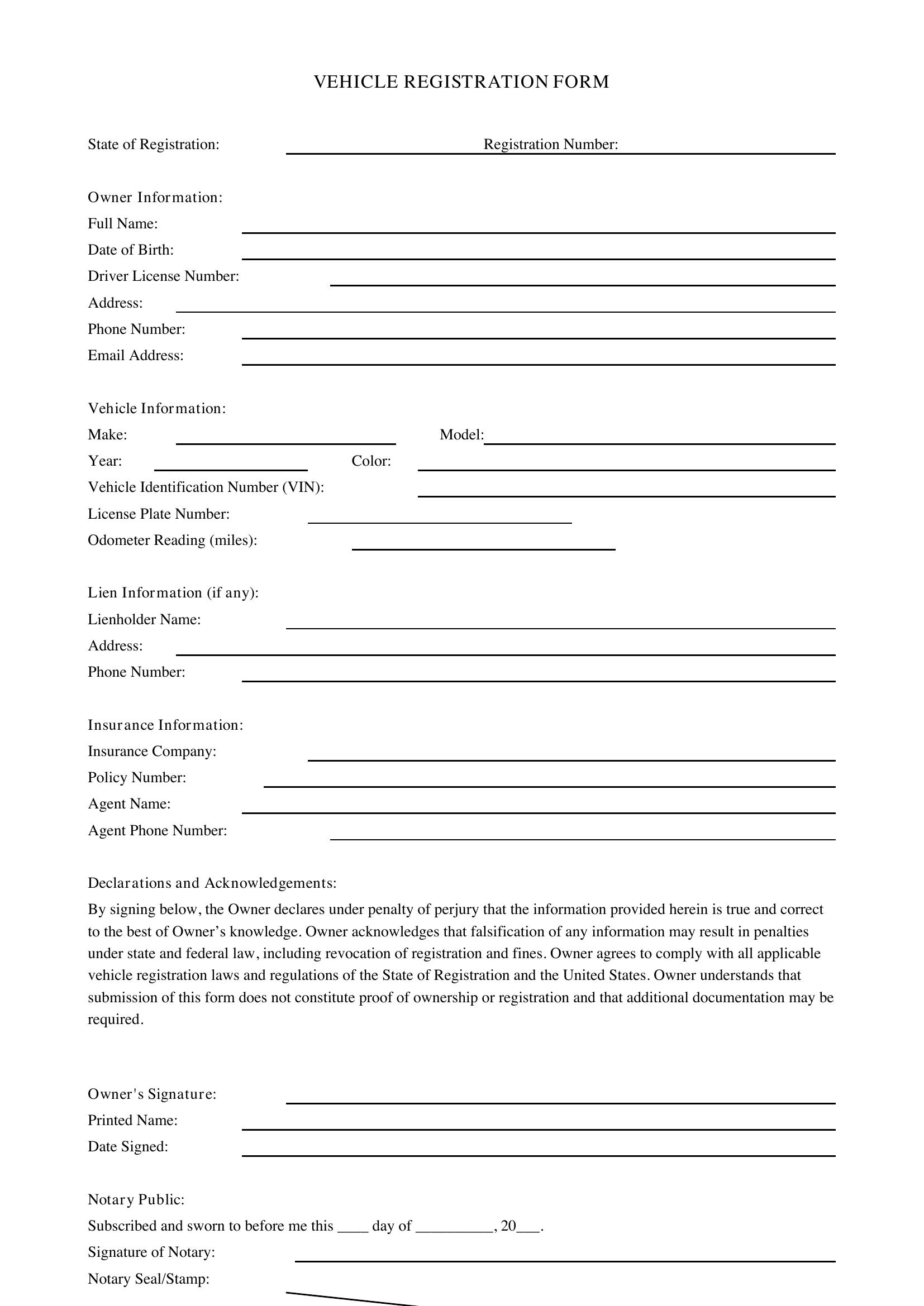 Vehicle Registration Form Template - US