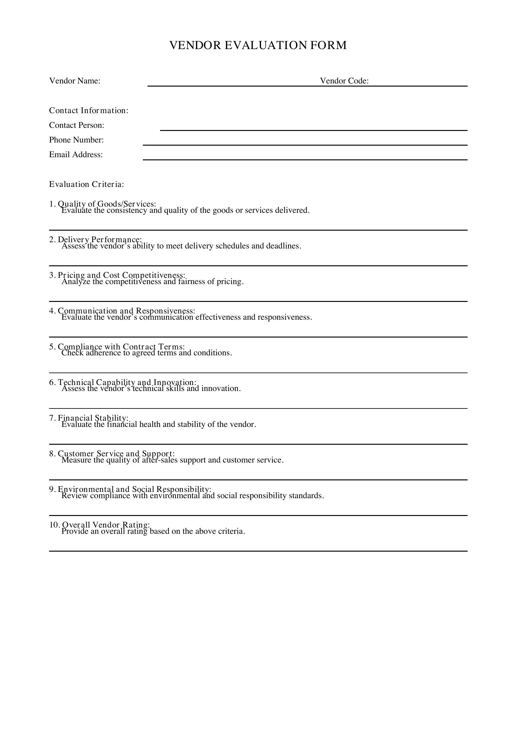 Vendor Evaluation Form Template - US