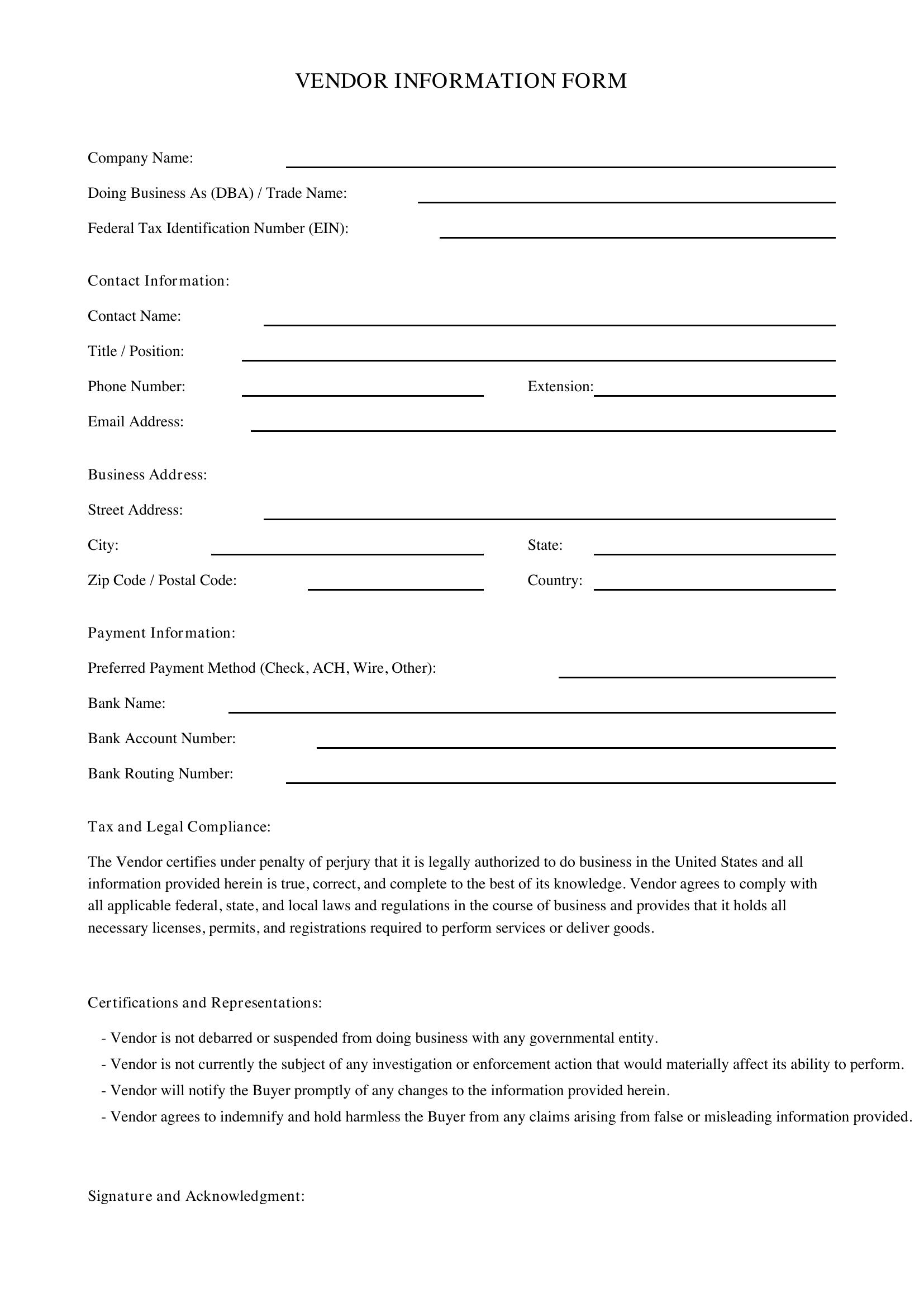 Vendor Information Form Template - US