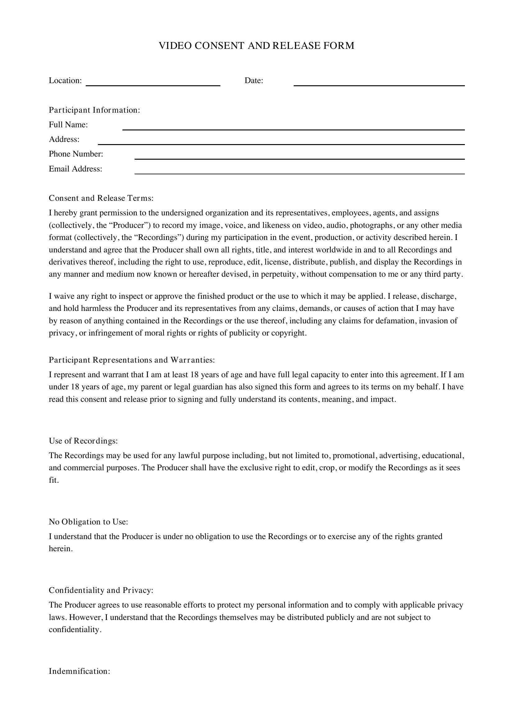 Video Consent And Release Form Template - US