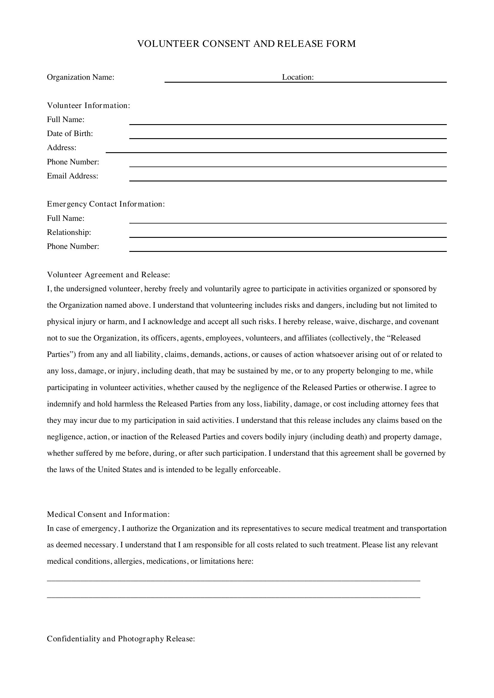 Volunteer Consent Form Template - US