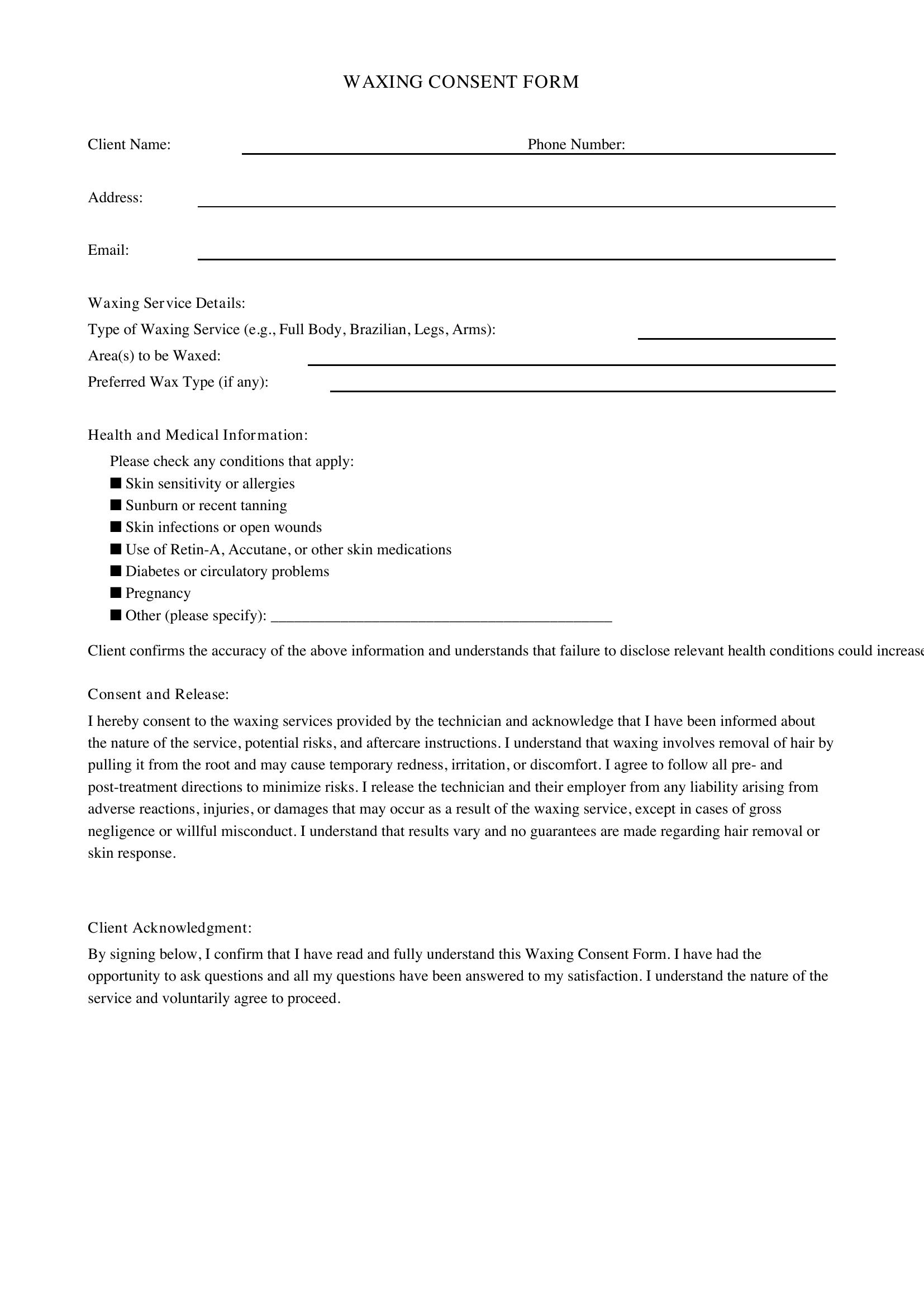 Waxing Consent Form Template - US