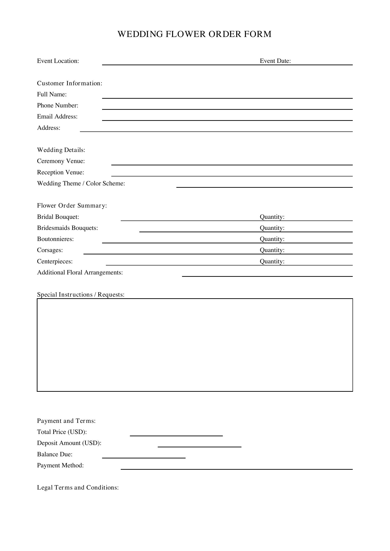Wedding Flower Order Form Template - US