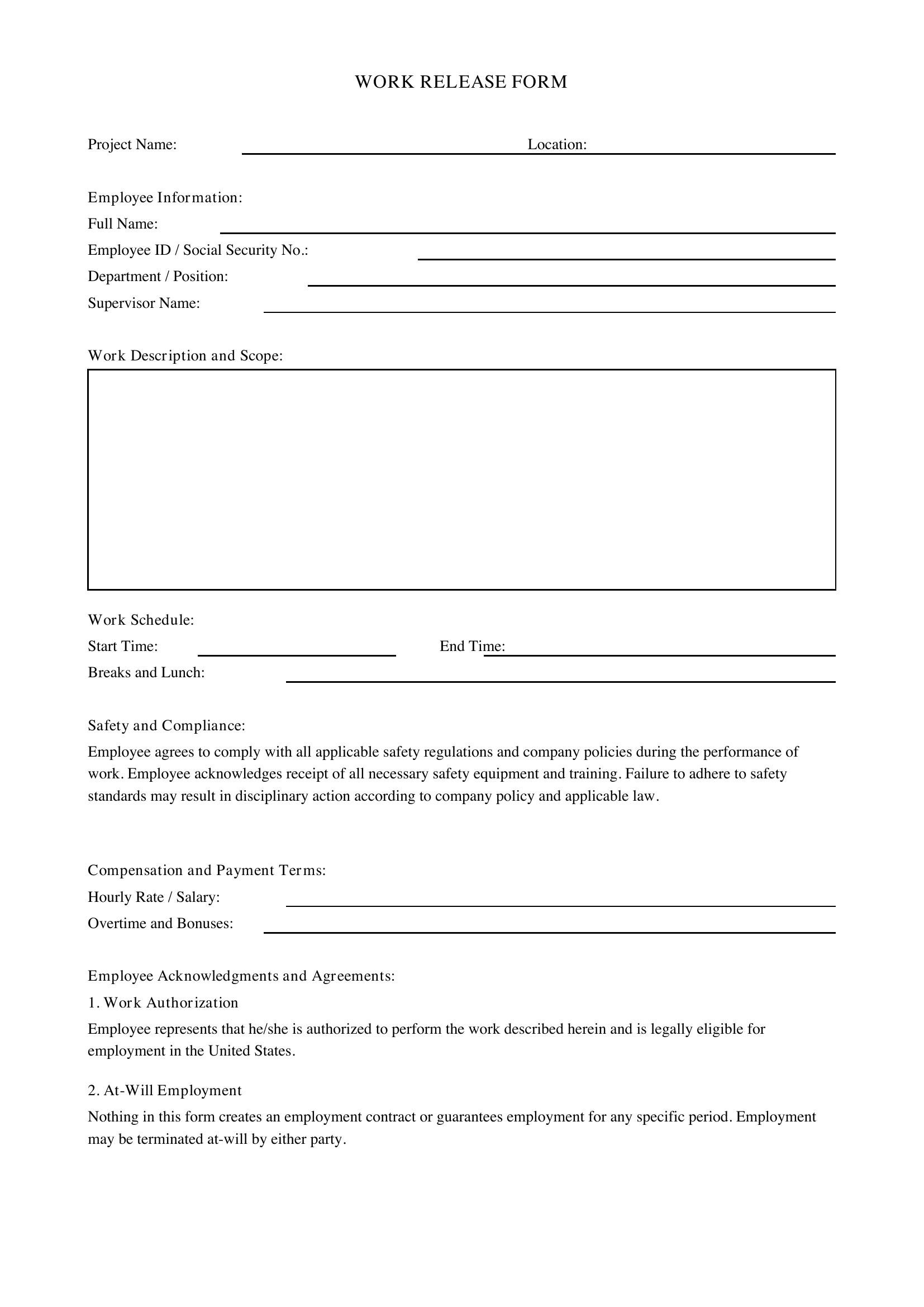 Work Release Form Template - US