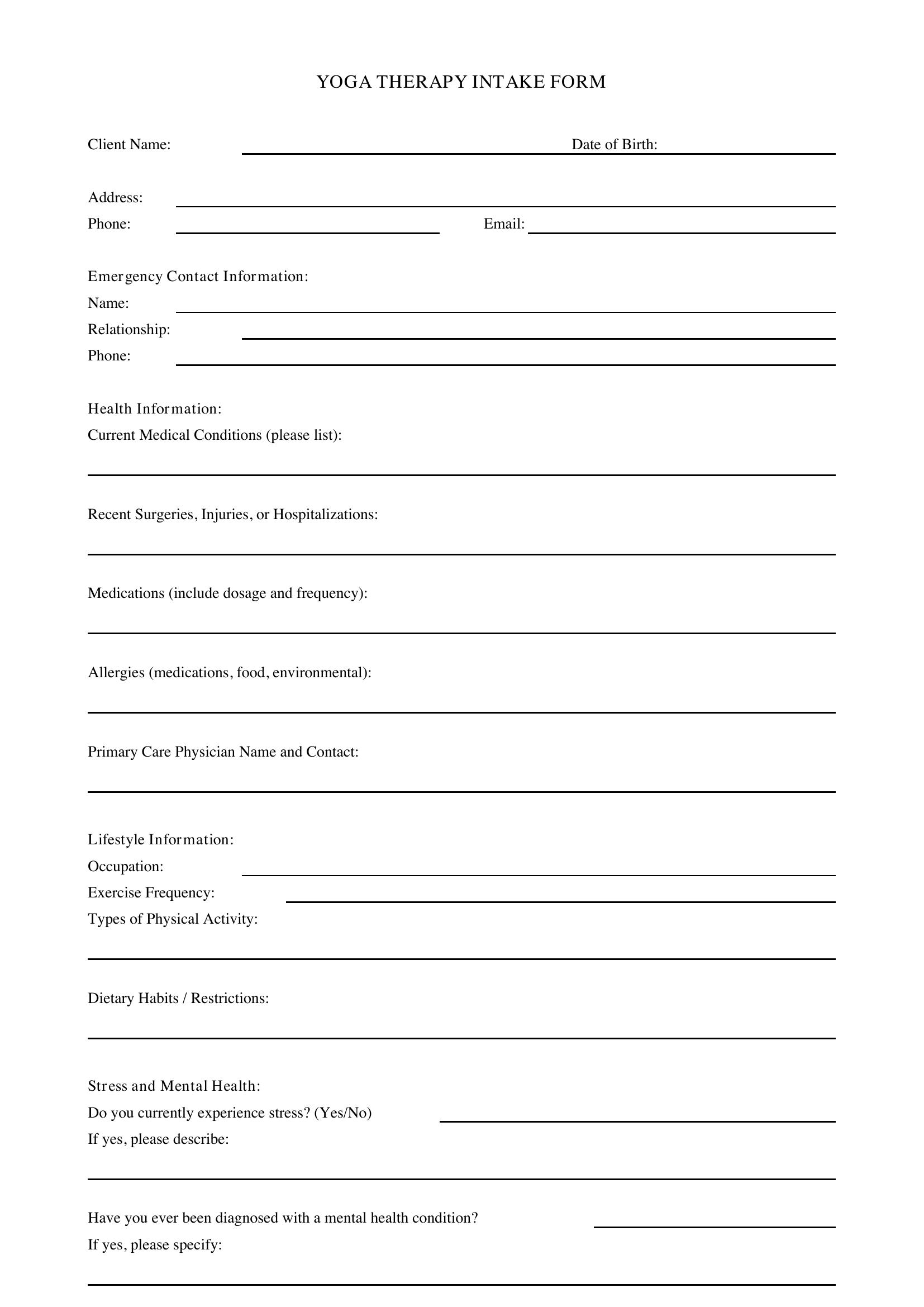 Yoga Therapy Intake Form Template - US